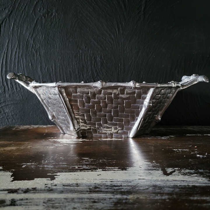 Vintage Mariposa Bamboo Weave Aluminium Basket with Handles, Palm Collection