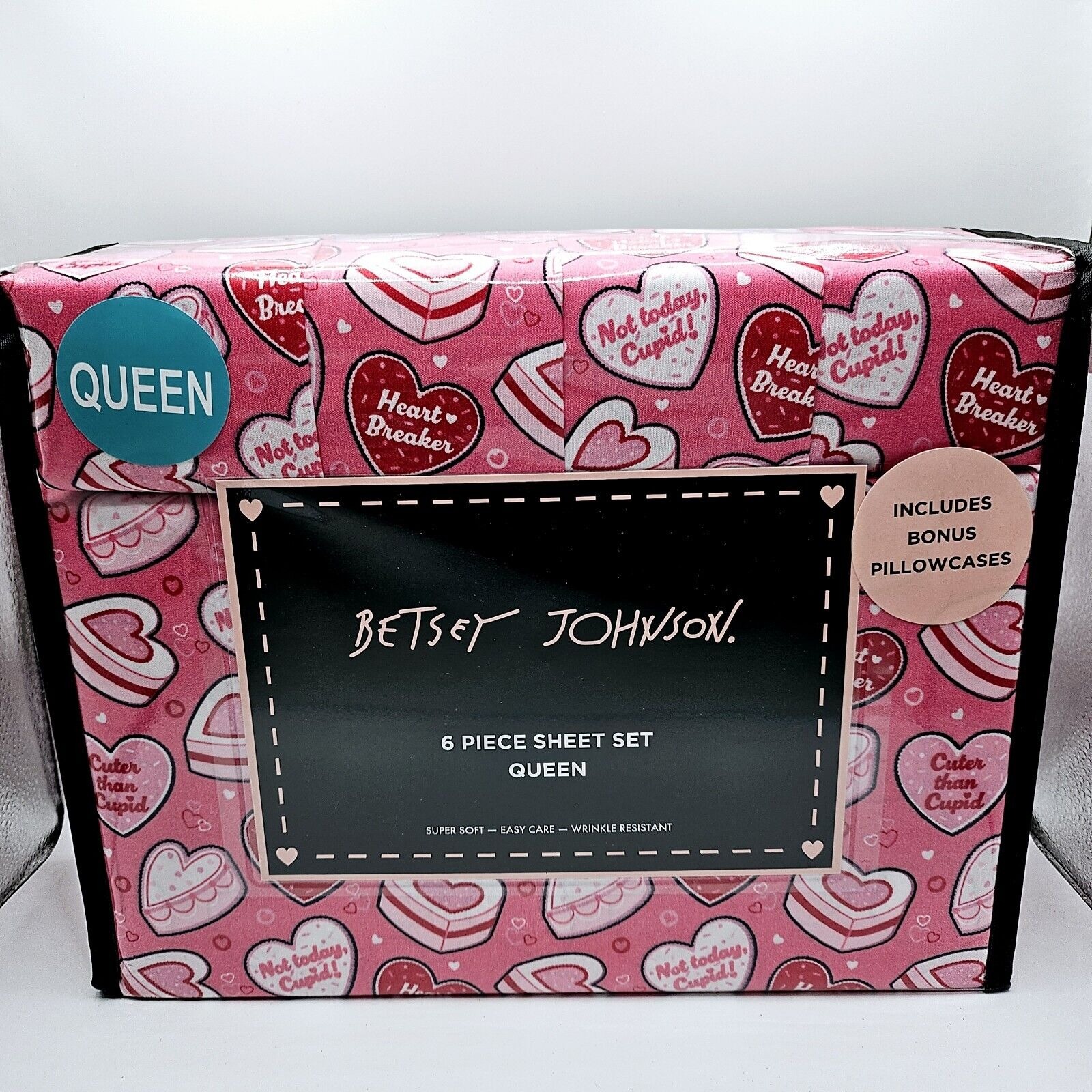 Betsey Johnson 6 Pc Queen Sheet Set Pink Heart Breaker Valentine's Day Cupid