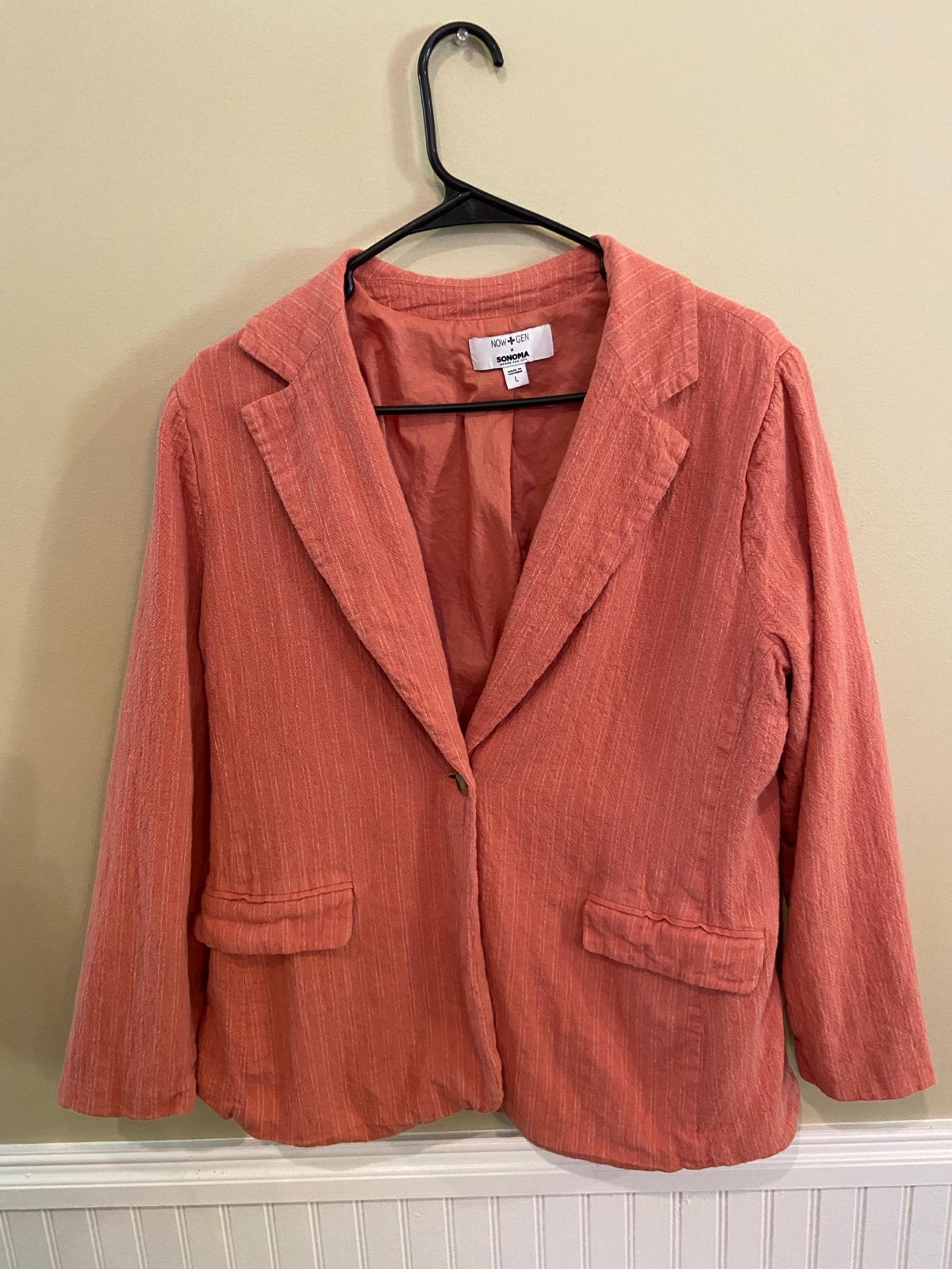 Sonoma Blazer Women's L Coral Stripe Linen Blend Lined 1 Button Beachy Coastal