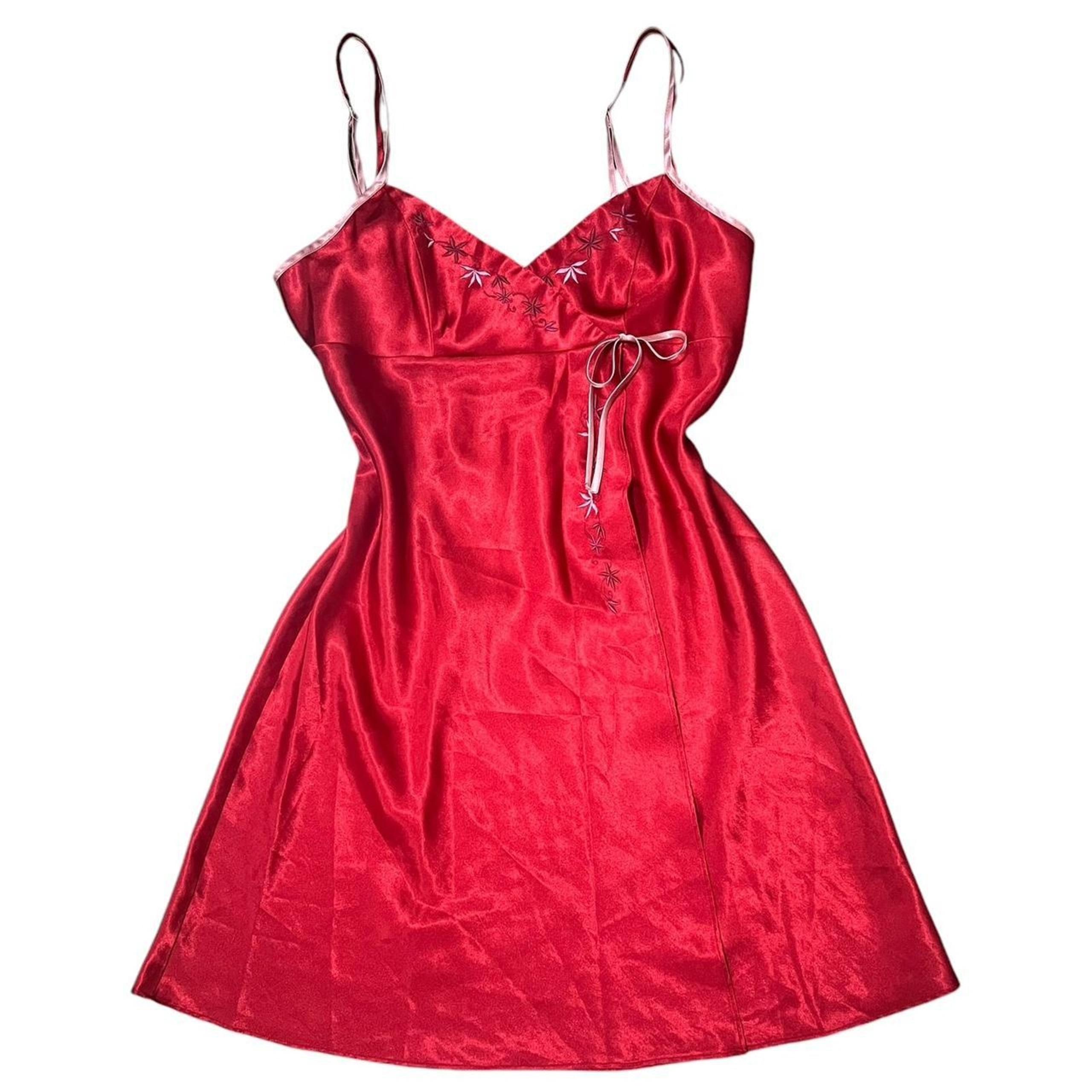 VTG Y2K Premiere Collection Red & Pink Floral Embroidered Wrap Slip Dress M/L
