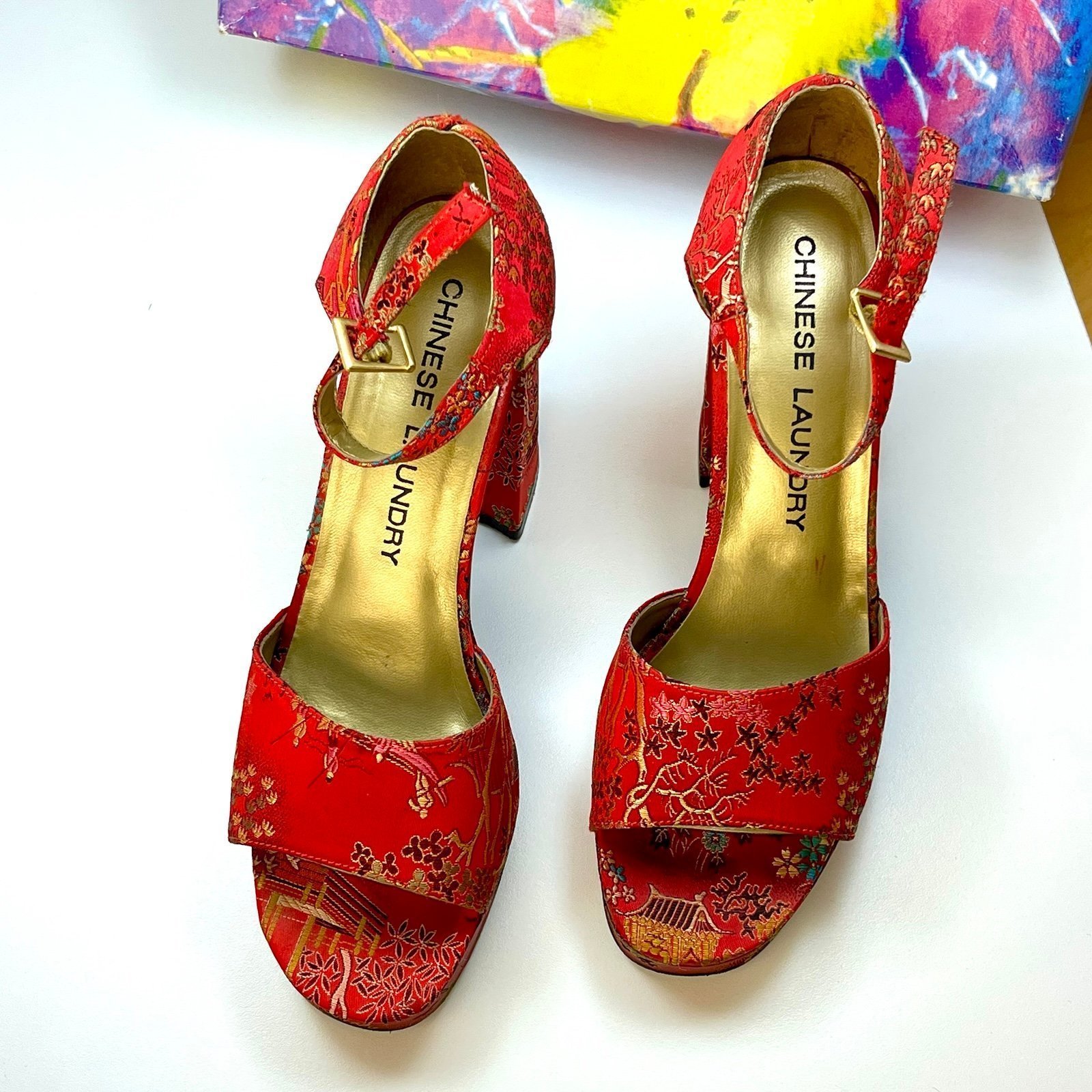 Vintage 90’s Chinese Laundry Red Chinoiseri Chinese Brocade Platform Heels