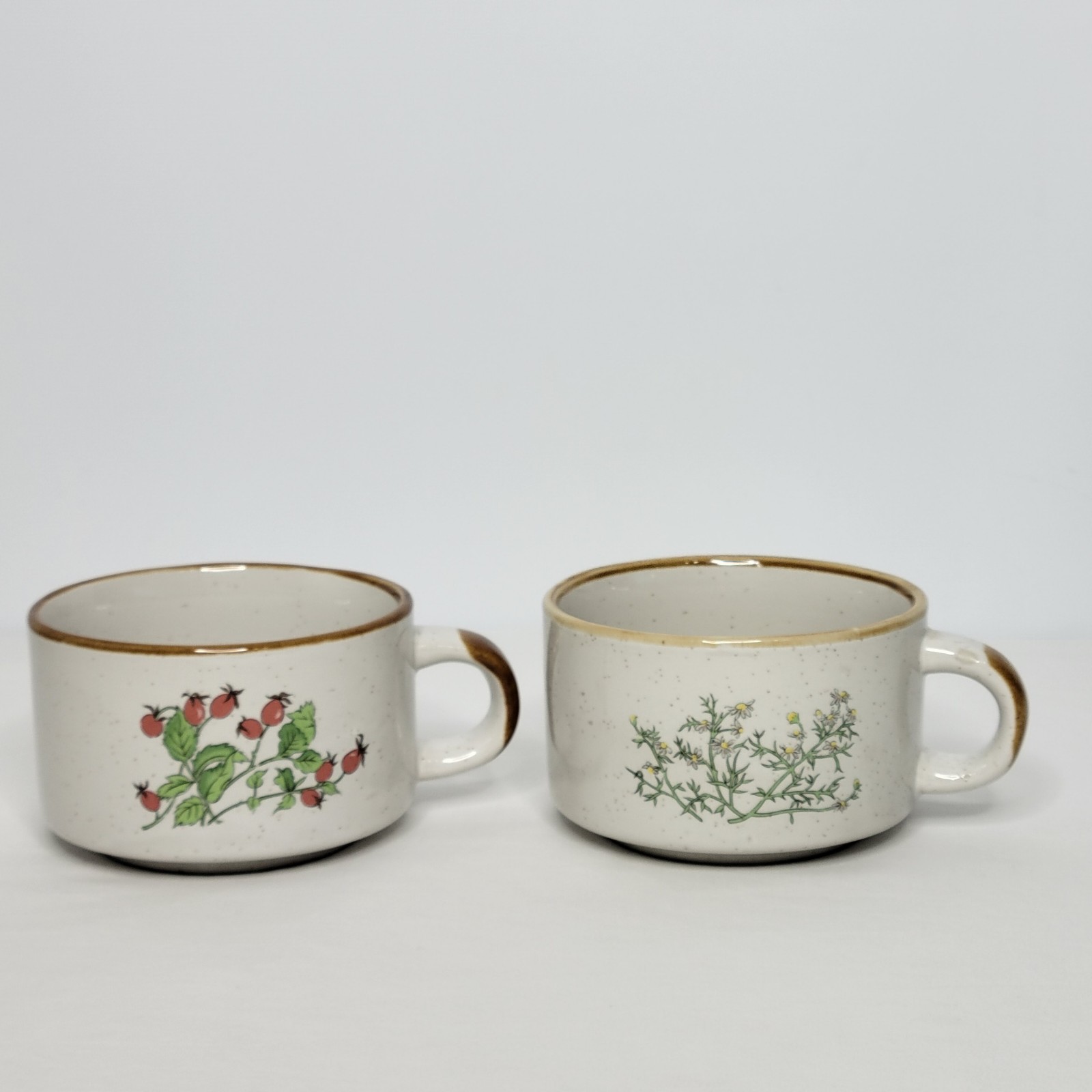 Set of 2 Vintage Brown Speckled Stoneware Red berry Yellow Floral Soup Mug 4.5