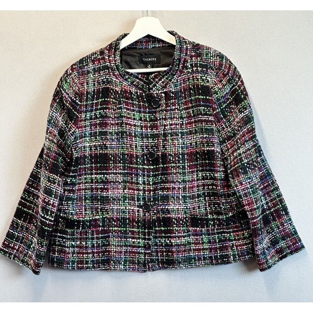 Talbots Blazer Women's Sz 10 Tweed Jacket Black Multicolor Wool Blend Boxy Style