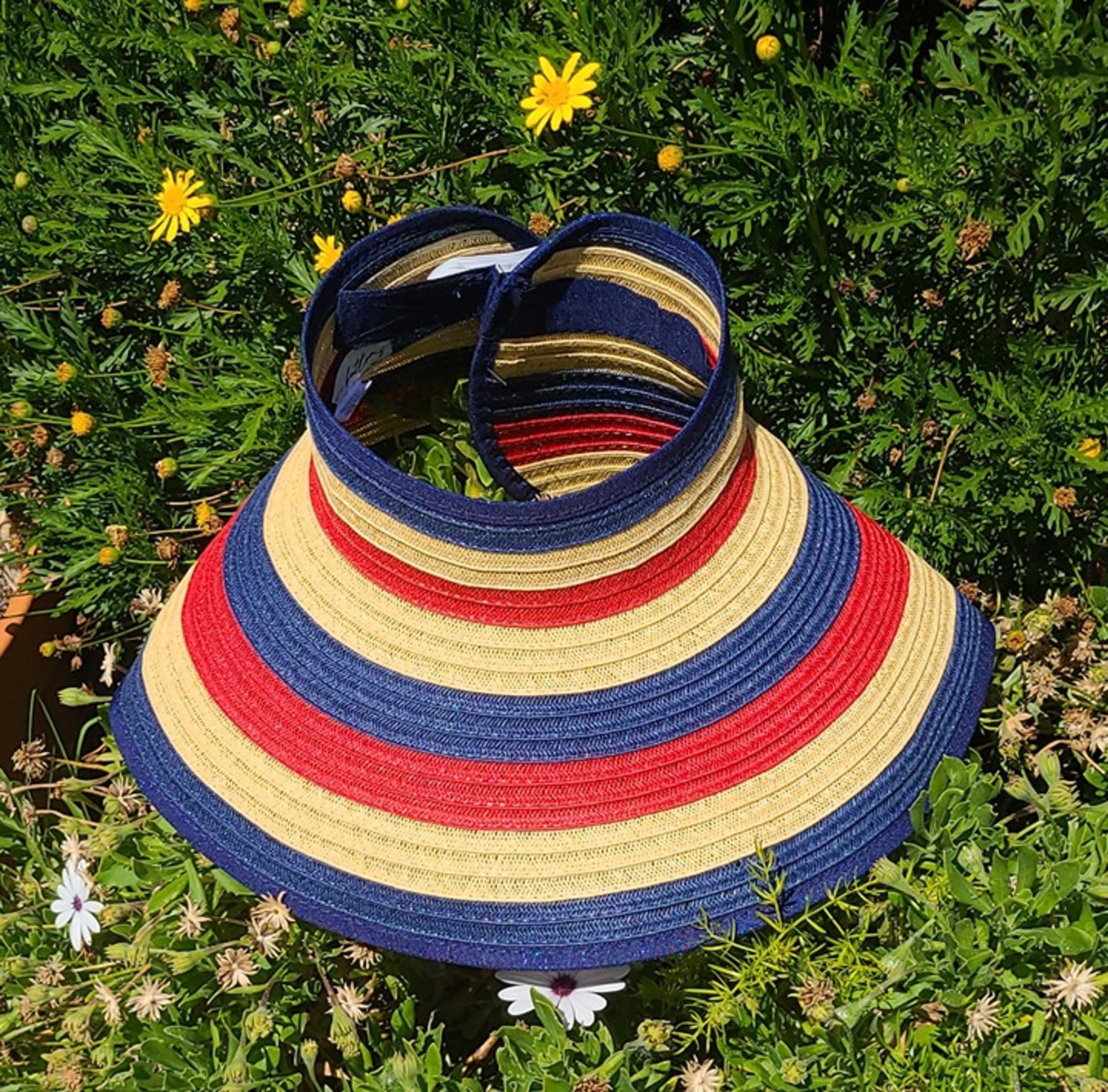 "Four Buttons" SAN DIEGO HAT CO. Red/Tan/Blue Packable Straw Sun Hat NWT