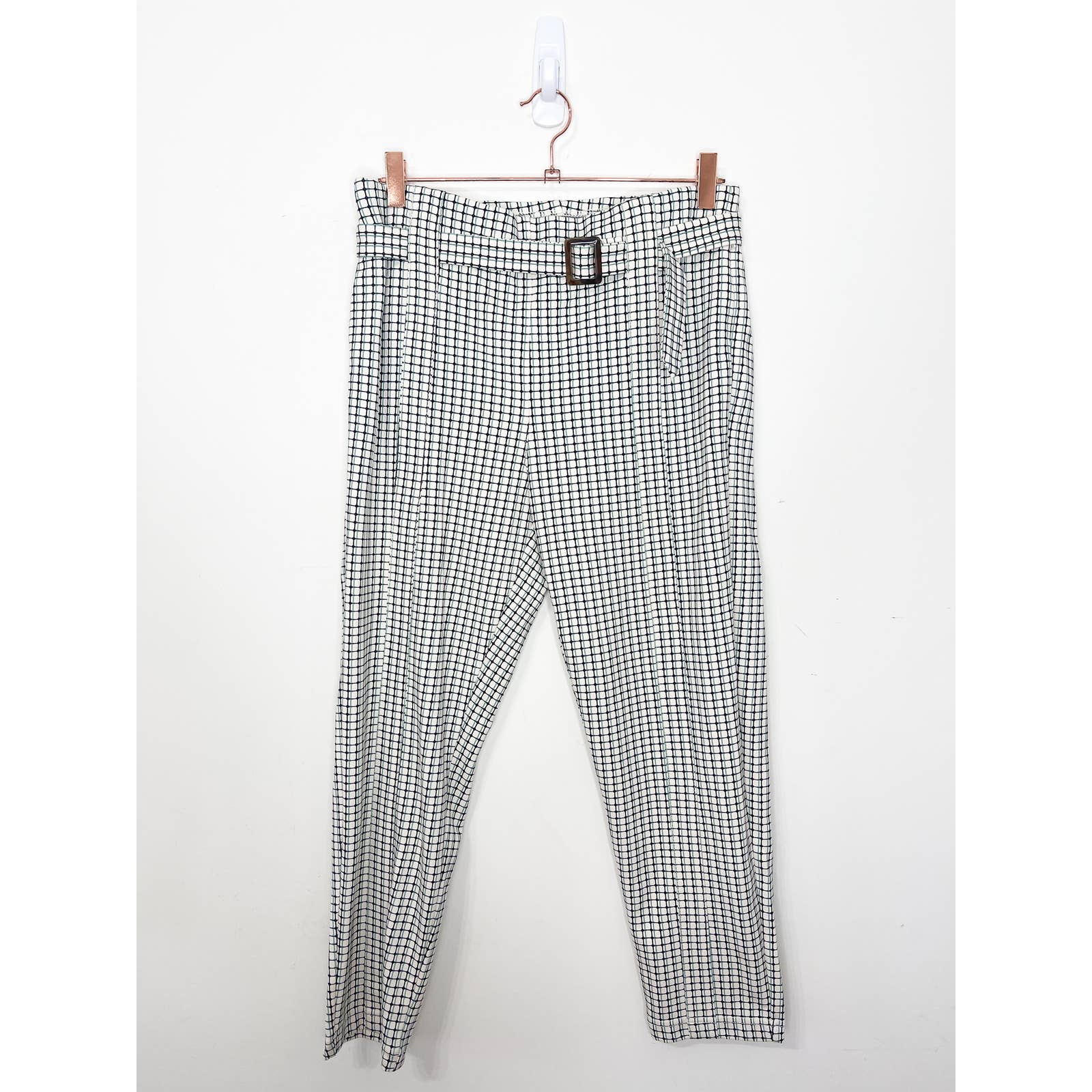 Betabrand White and Blue Check Print Belted Trousers Size Small Petite