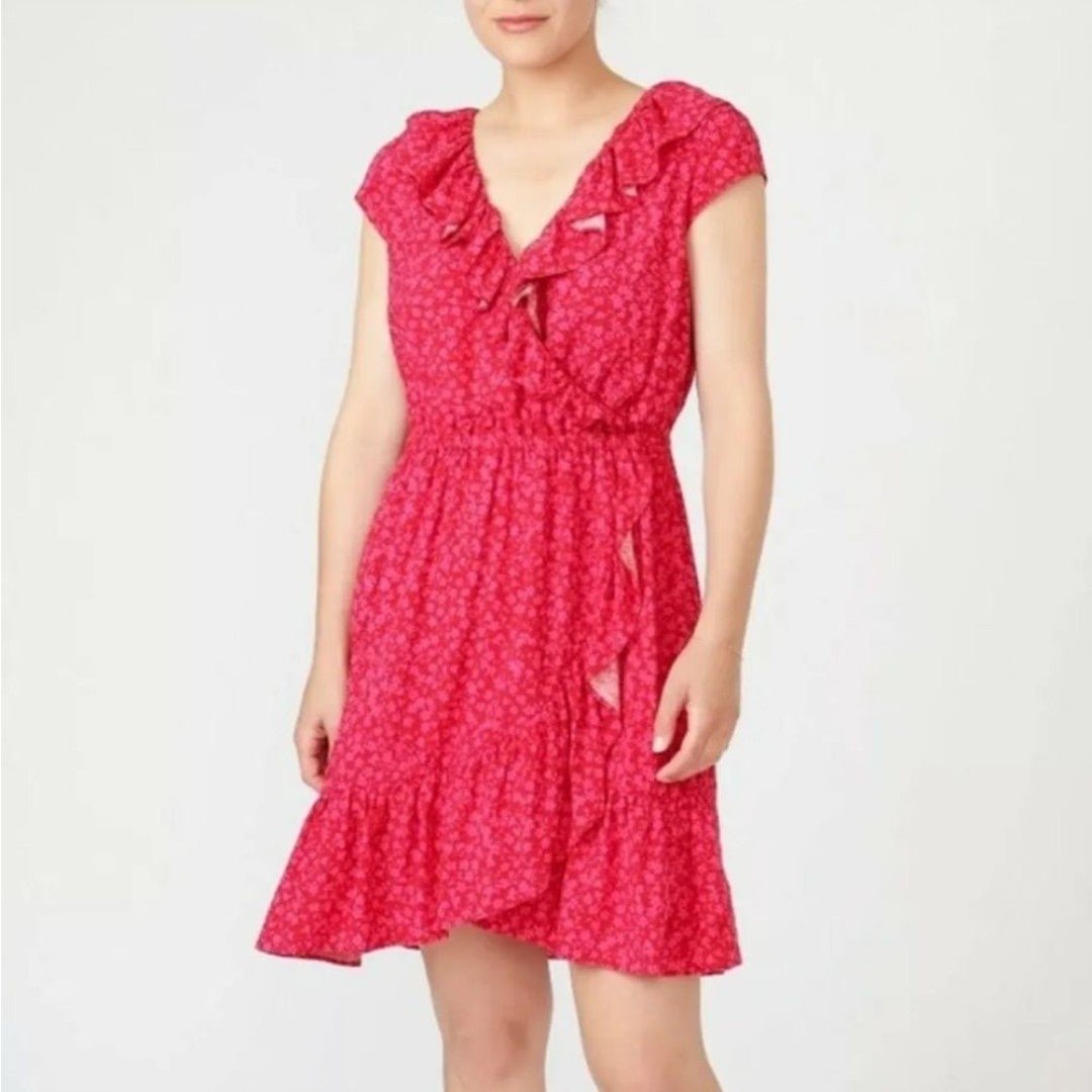 J Crew Red Pink Floral Tossed Bouquet Ruffle Dress Faux Wrap V Neck Sz 6