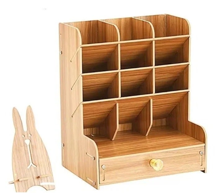 Wooden Pen Organizer Desk Box Organizer Pencil Holder with Cell Phone Stand
