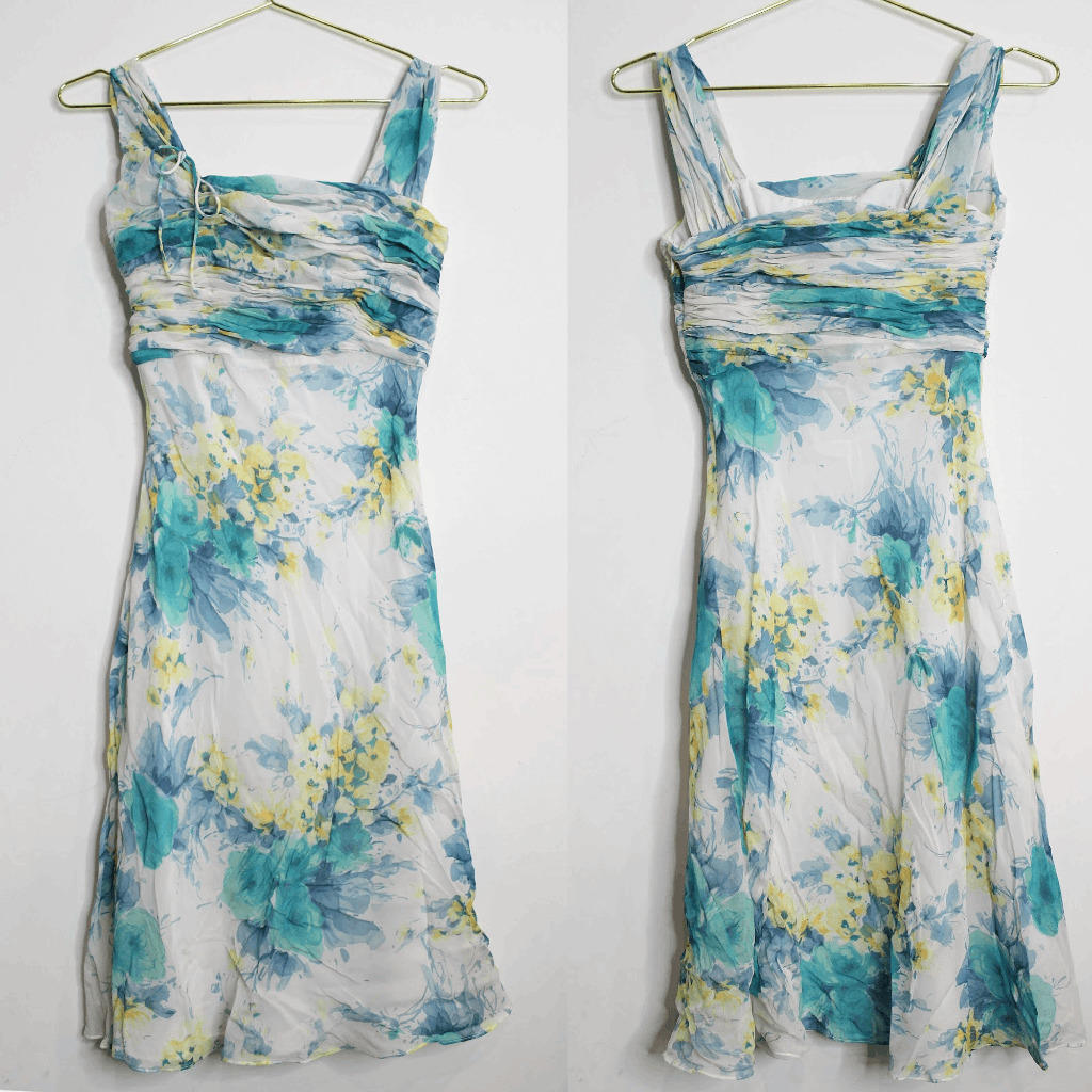 BR Silk Blue Green Cream Watercolor Midi Sleeveless Dress - 0