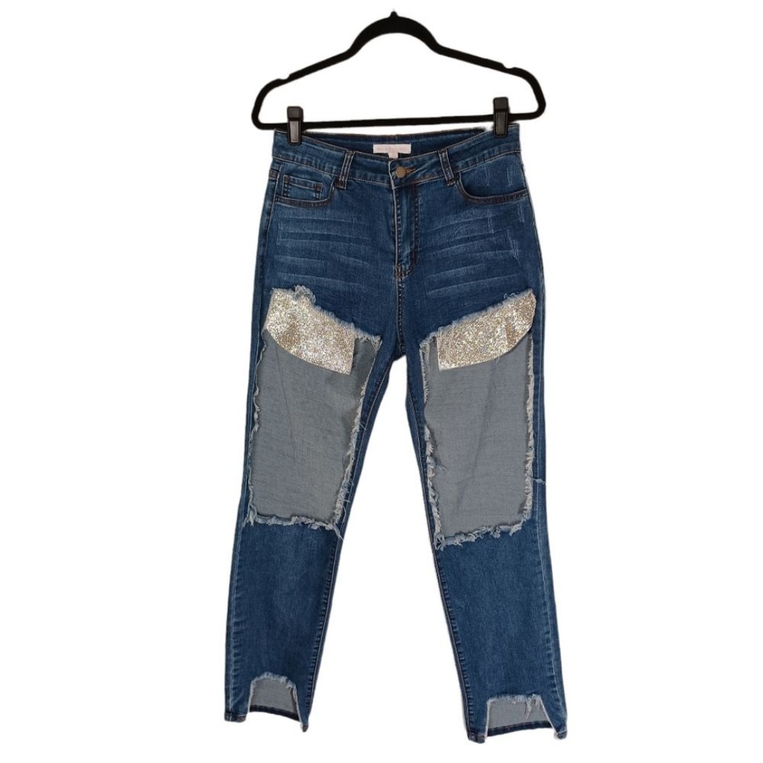HOT & DELICIOUS Rhinestone Pocket Destroyed Distressed Raw Hem Jeans Large