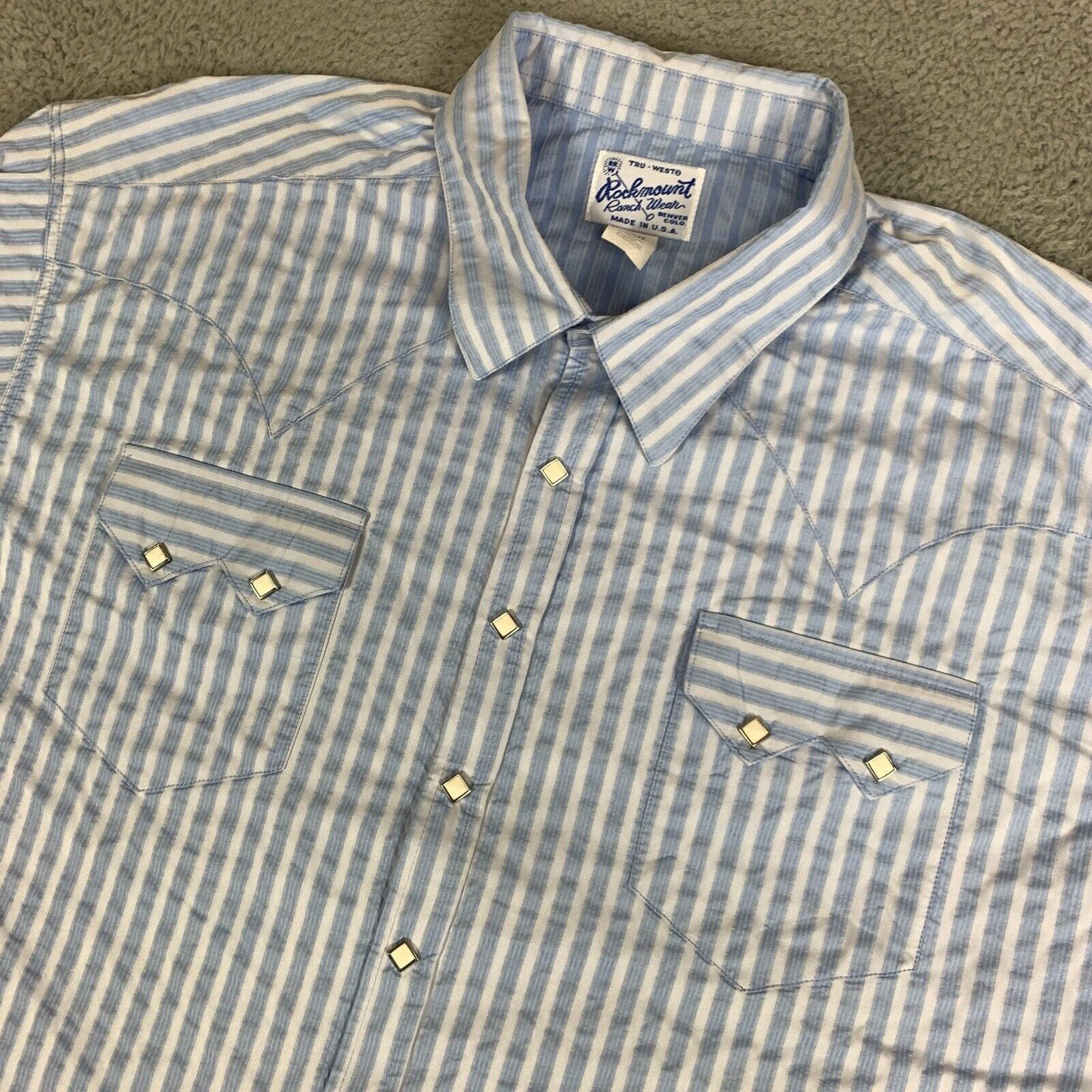 Vintage Rockmount Ranch Wear Shirt Mens 2XL Blue Striped Diamond Snap Tru West