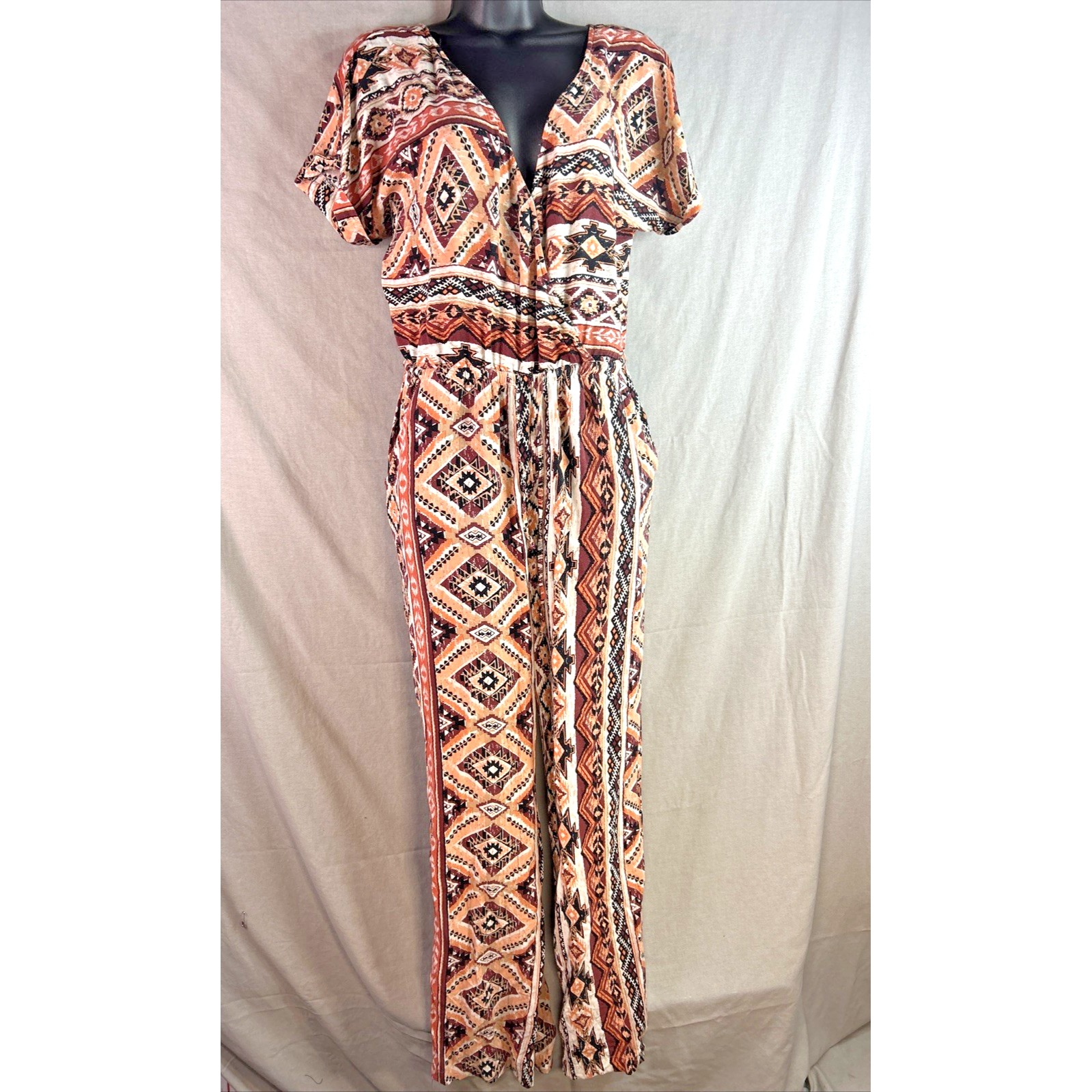 FOREVER 21 Jumpsuit Romper Pants Women's One Piece Peasant Geometric Boho size L