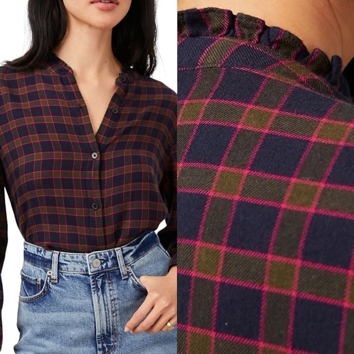Rails Large Shirt Andi Navy Fuschia Plaid Button Down Flannel Ruffle Collar