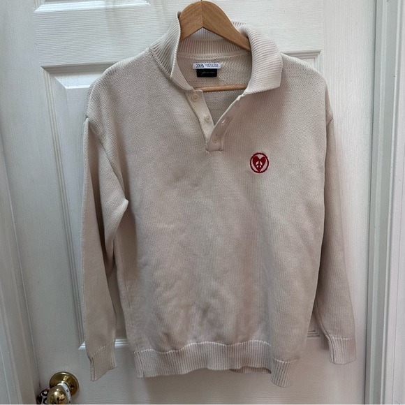 ZARA JOHN LENNON YOKO ONO POLO SHIRT sweater cream white red logo medium