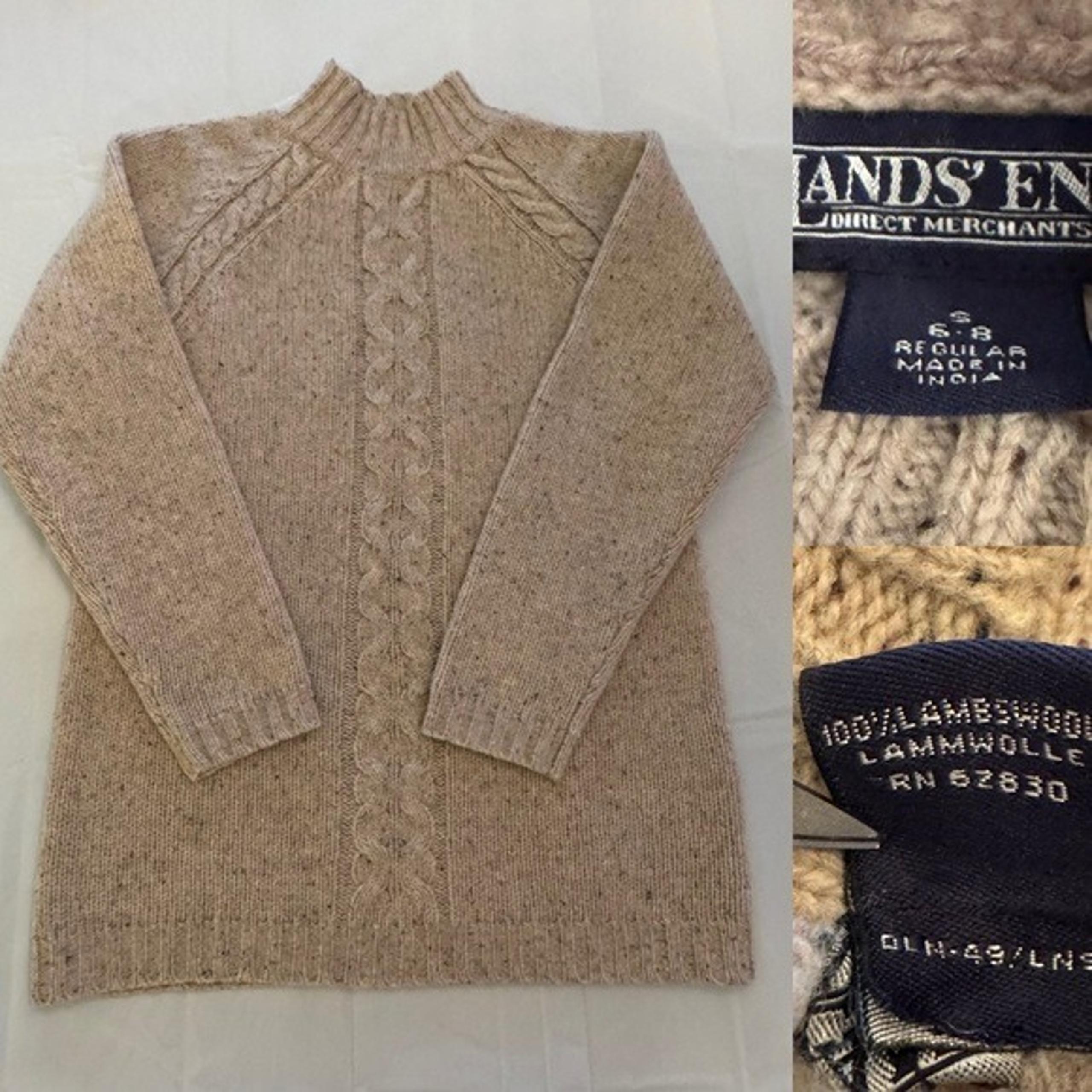Lands End Tan marled 100% Lambswool Cableknit Sweater Sz S 6 8 Women’s