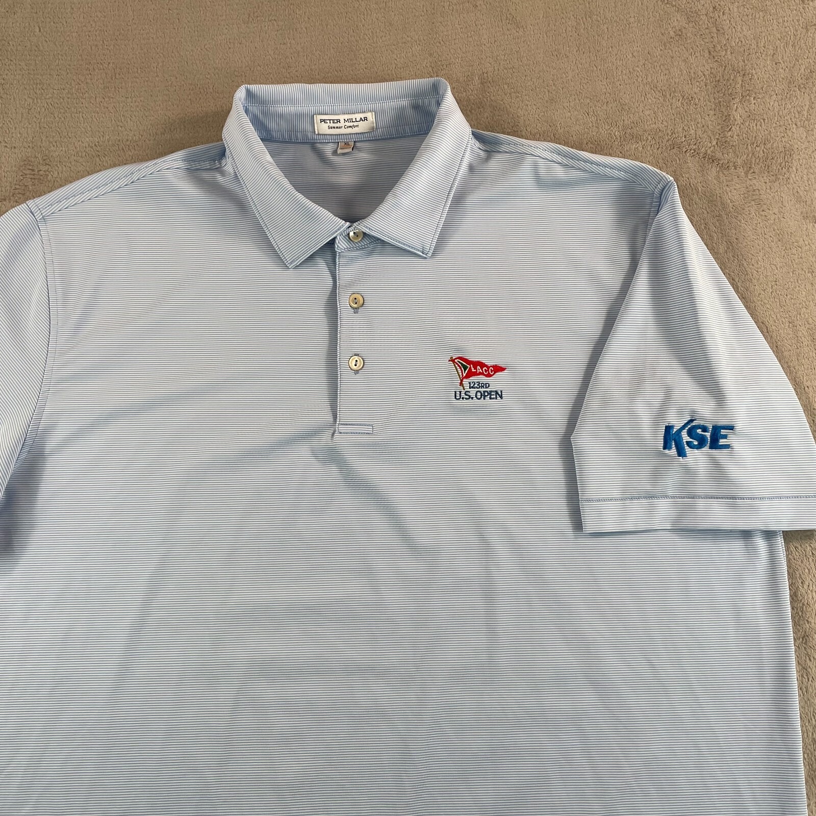 Peter Millar Summer Comfort Polo Golf Shirt Men XL Blue LACC 123rd US Open NWOT