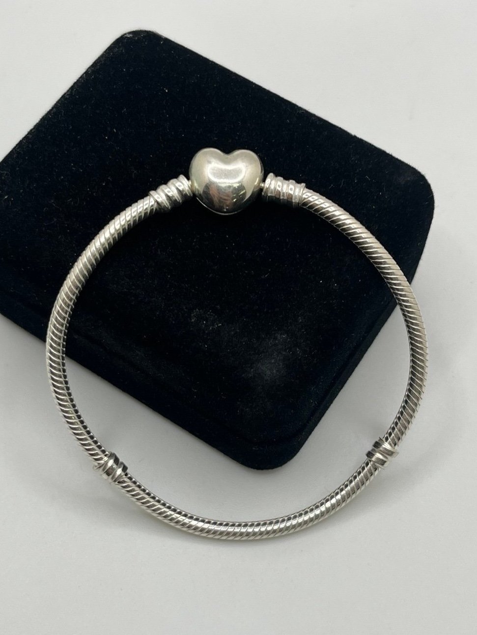 PANDORA Sterling Silver Puffy Heart Clasp Snake Chain Charm Bracelet