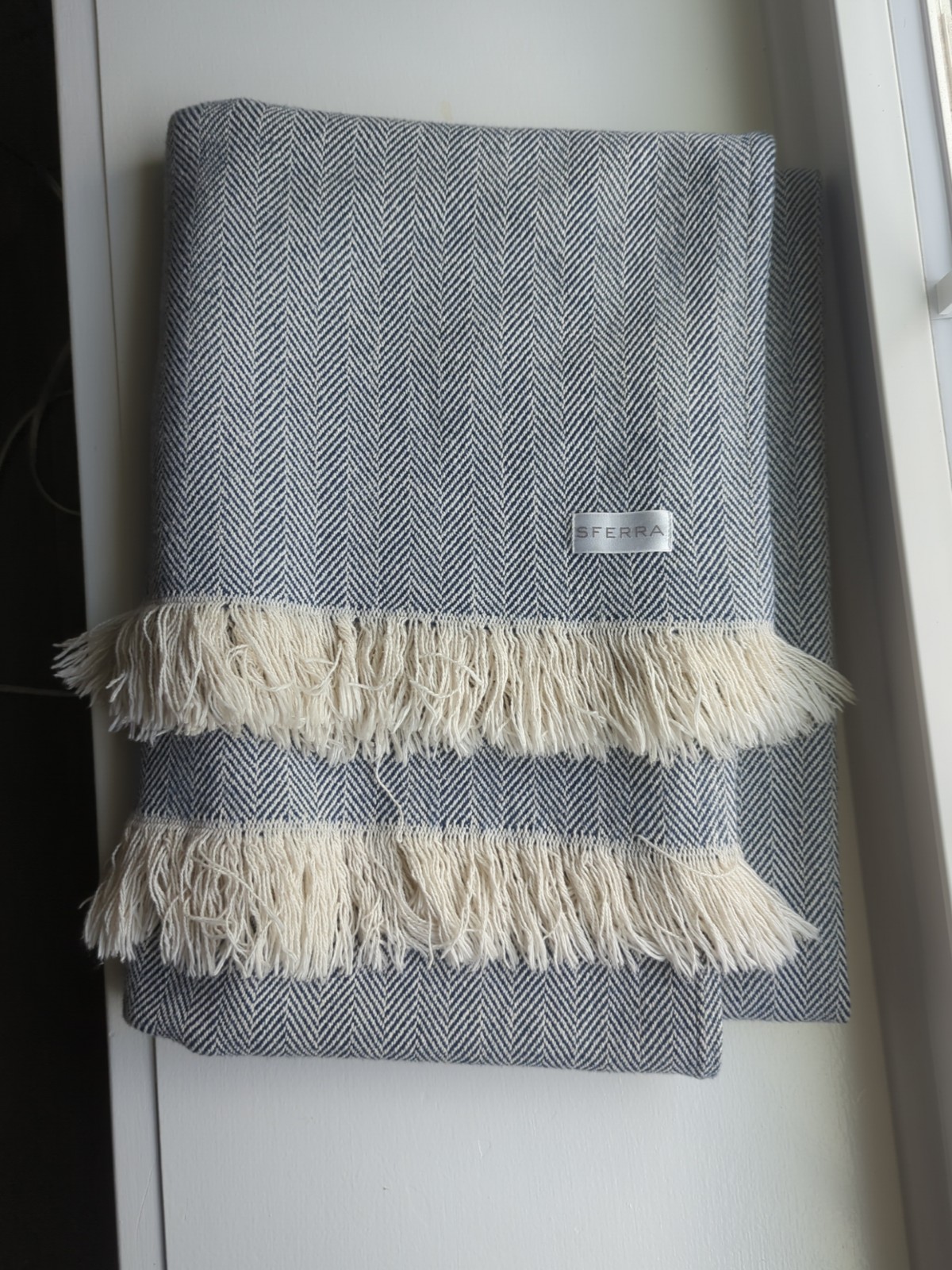 Sferra Céline Blue Herringbone Throw Blanket Cotton Twisted Fringe