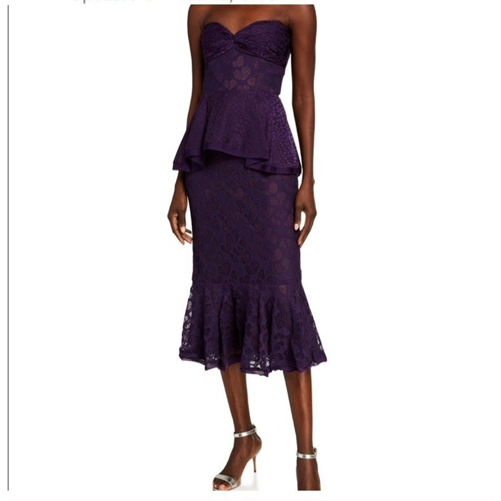 Flor et al purple Ashely strapless heart lace peplum midi dress size 4