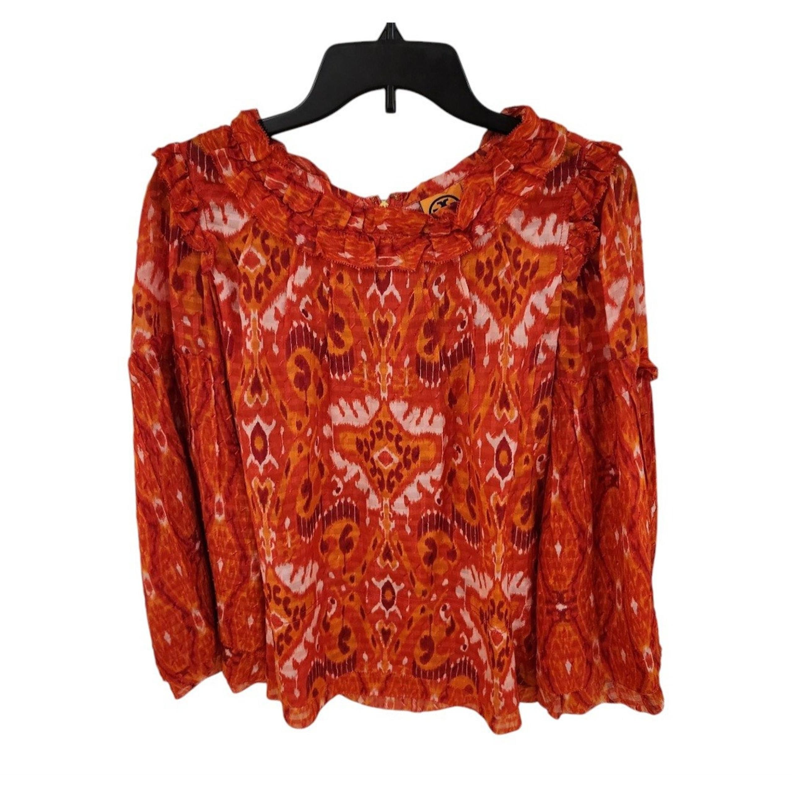 Tory Burch Blouse Silk Blend Size 10 Boho Ruffle Neck Long Sleeve Dressy Top