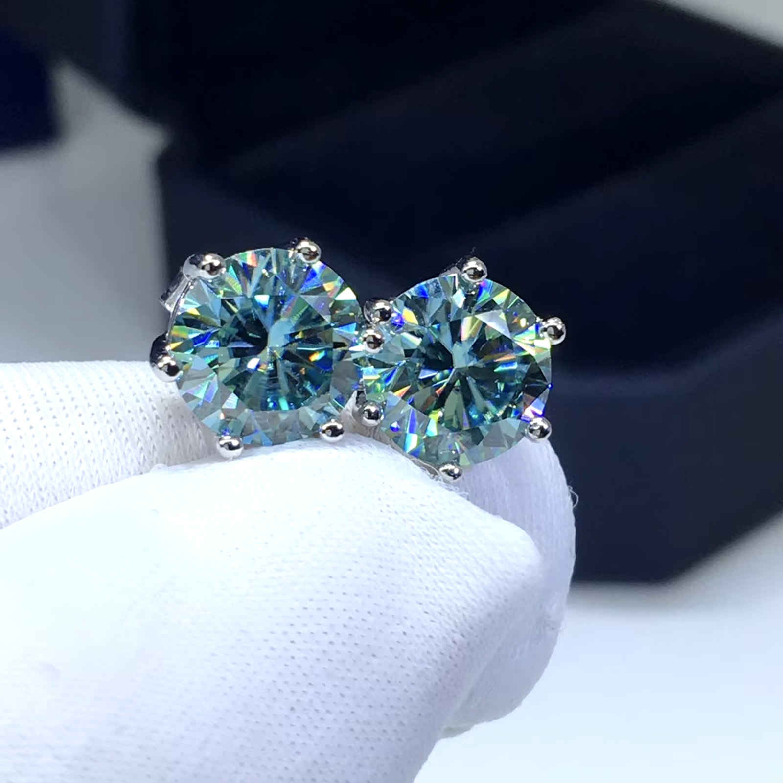 VVS1 Round Brilliant Cut Blue Moissanite Stud Earrings 1 CT, 2 Carat Total
