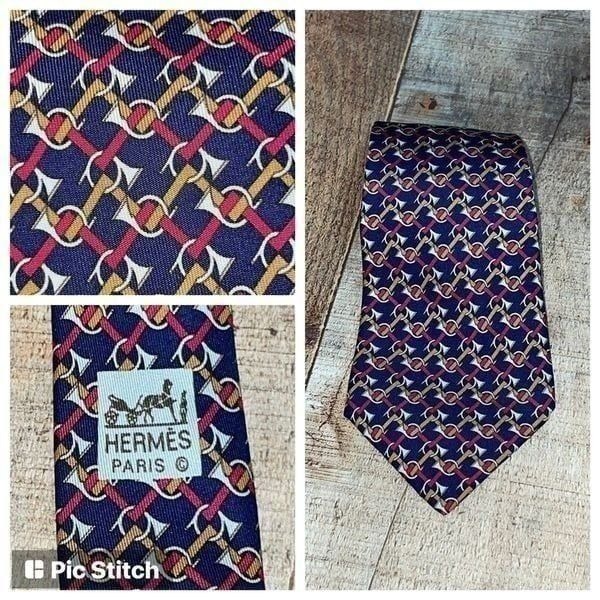 HERMES Silk Tie Red Blue French Horn Print Musical Instrument Patriotic Cool