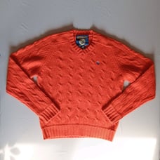 Abercrombie & Fitch Shetland Wool Cable Knit Sweater M Orange V-Neck Pullover
