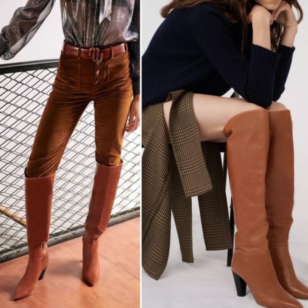 Maje Heeled Smooth Leather Cognac Brown Knee High Boots Size 39