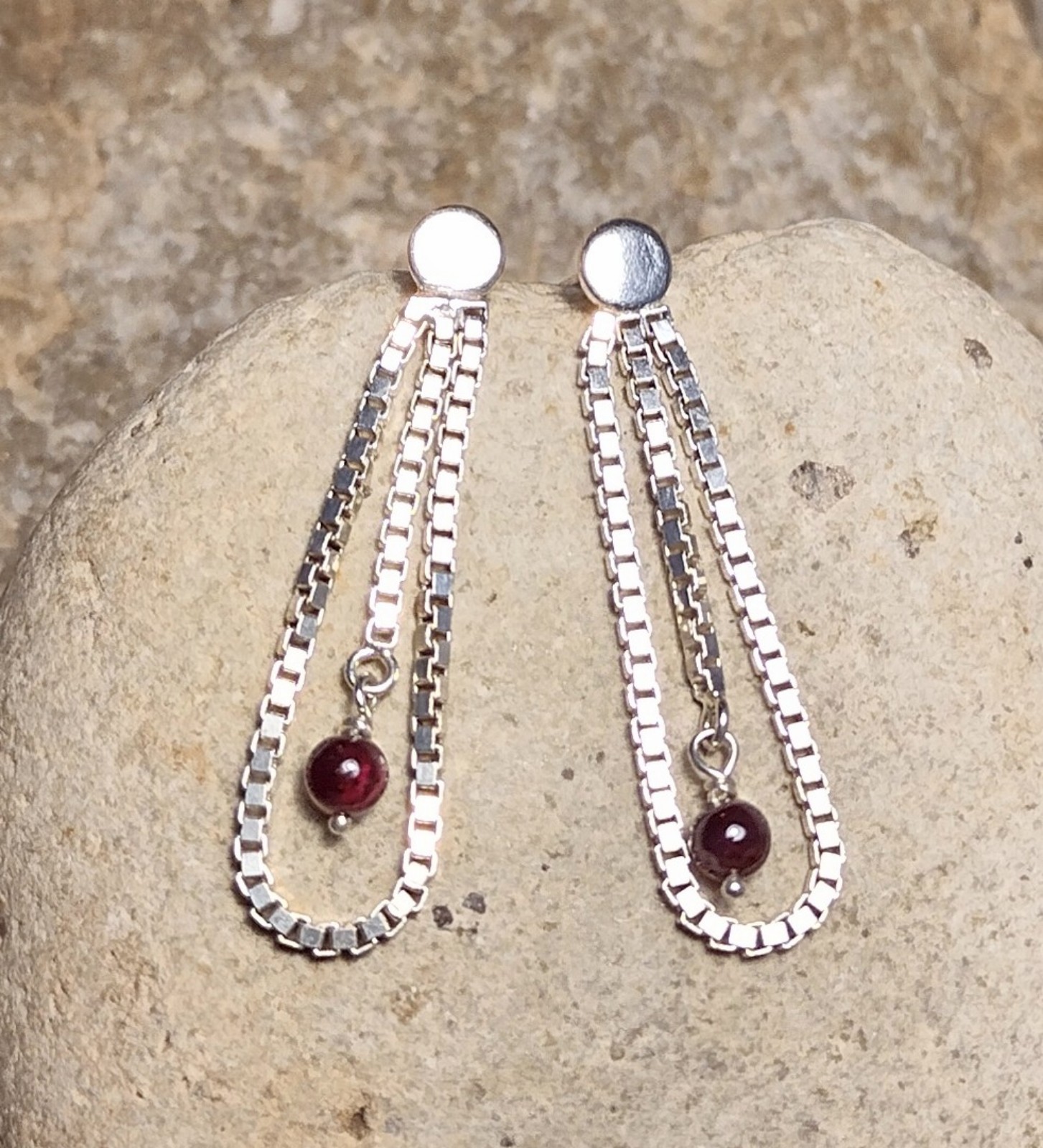 Garnet Sterling Silver Box Chain Dangle Earrings Signed