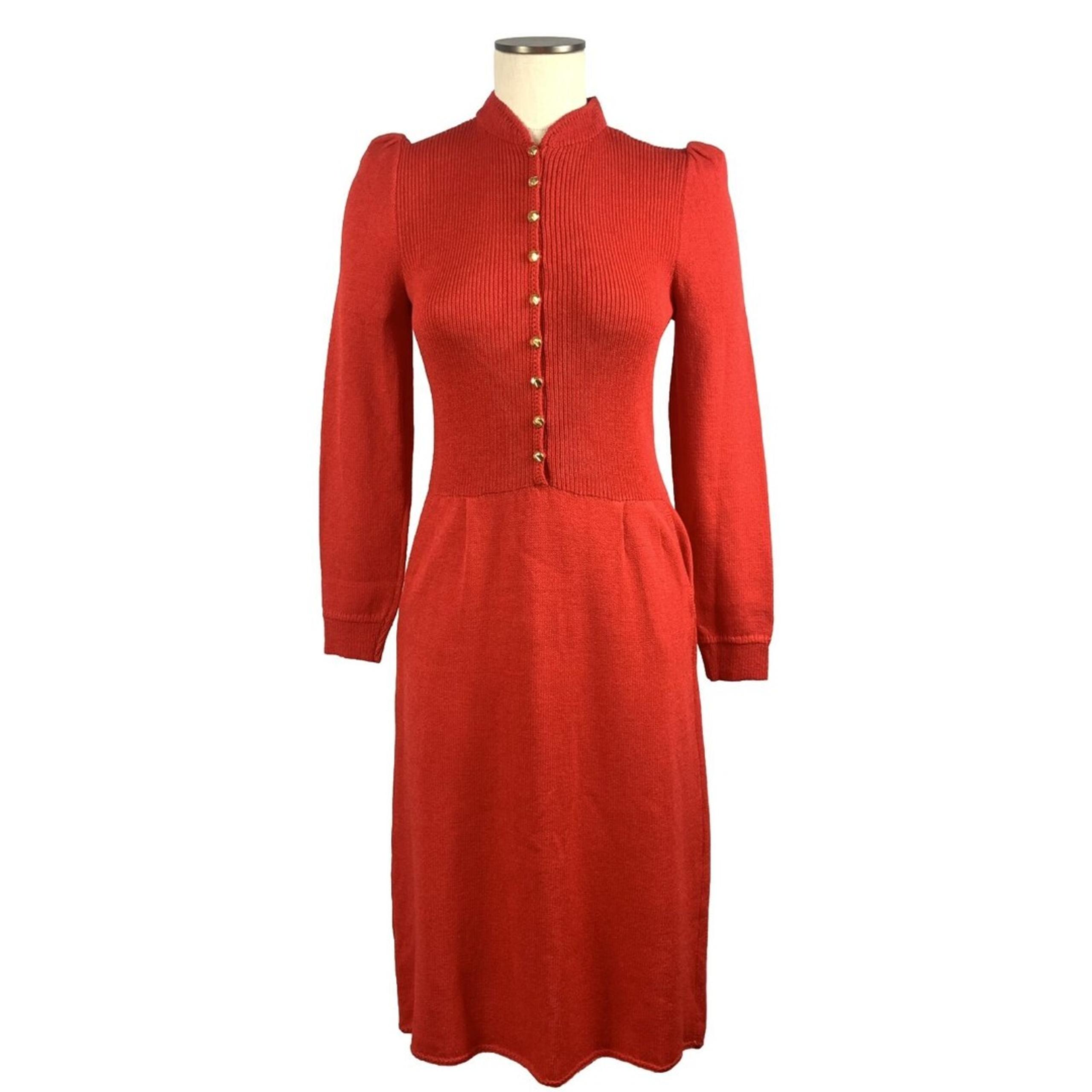 Vintage St. John by Neiman Marcus Knit Red Long Sleeve Midi Dress 80's