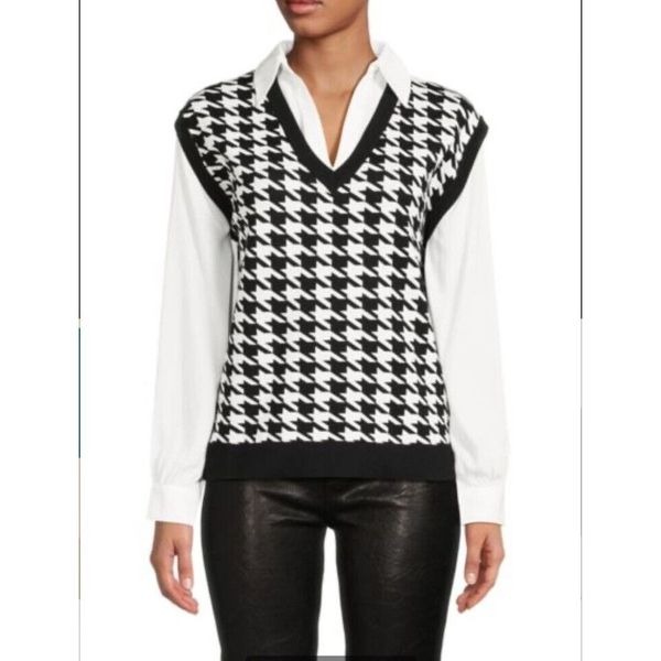Adrianna Papell Top V-neck Sweater Vest Shirt Women's Houndstooth Twofer top