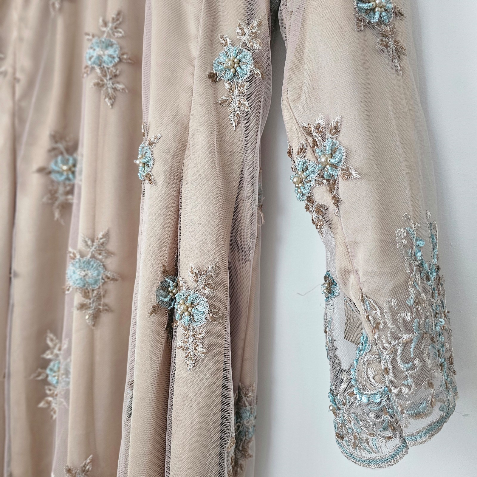 New Fancy Pakistani Kameez Dress Eid Wedding Wear Embroidered Beige Aqua Blue