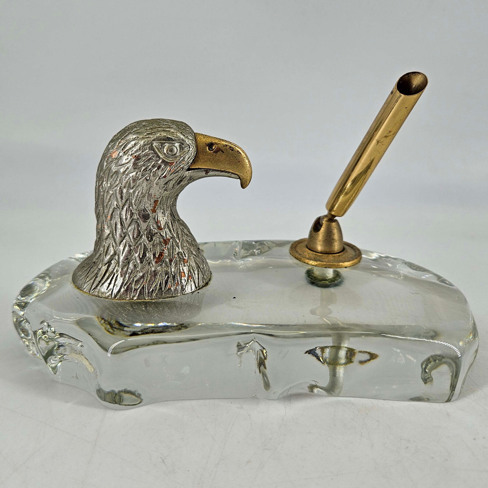 Vintage Gerity Bald Eagle head on Lead Crystal Metal pen holder desk accesory