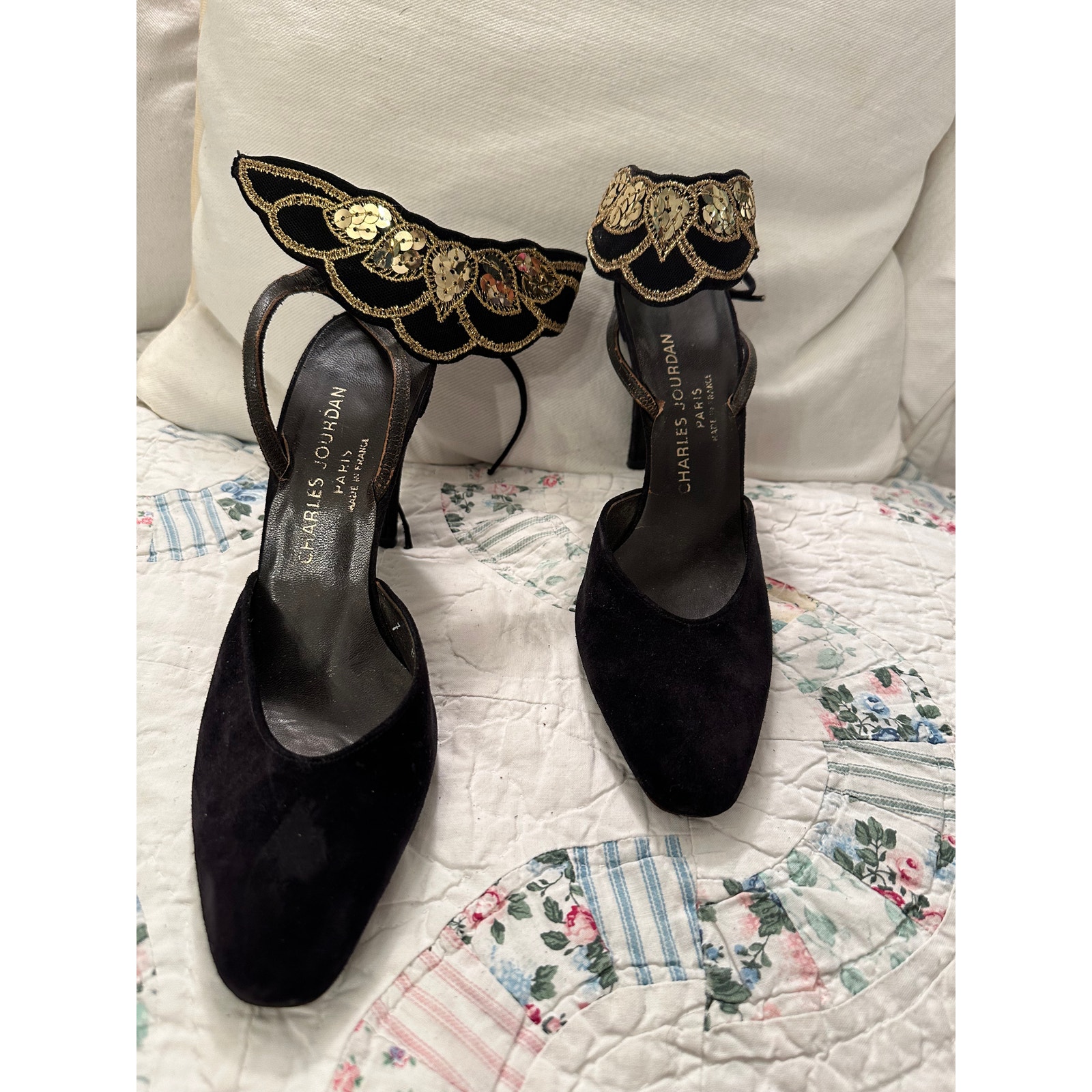 VINTAGE CHARLES JOURDAN PARIS SEQUIN ANKLE STRAP PUMPS SANDALS 4 HEEL SIZE 7B