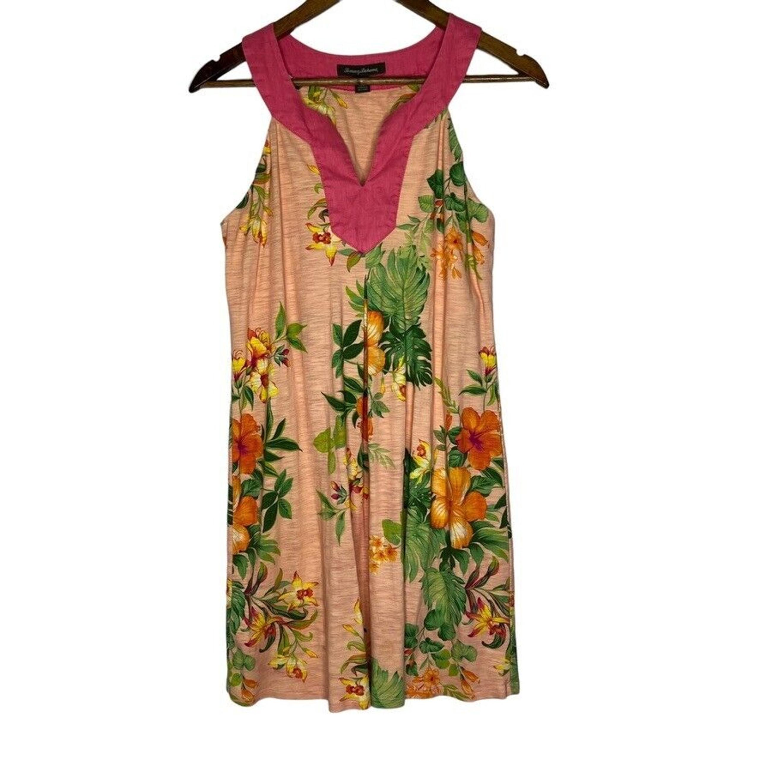 Tommy Bahama Tropical Floral Dress M Pink Sleeveless V-Neck Summer Travel