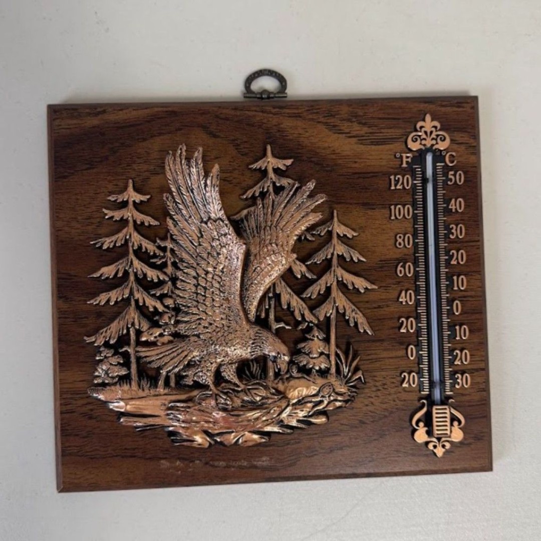 Vintage Wooden Wall Thermometer w/ Raised Metal Copper Eagle Trees A & F Canada