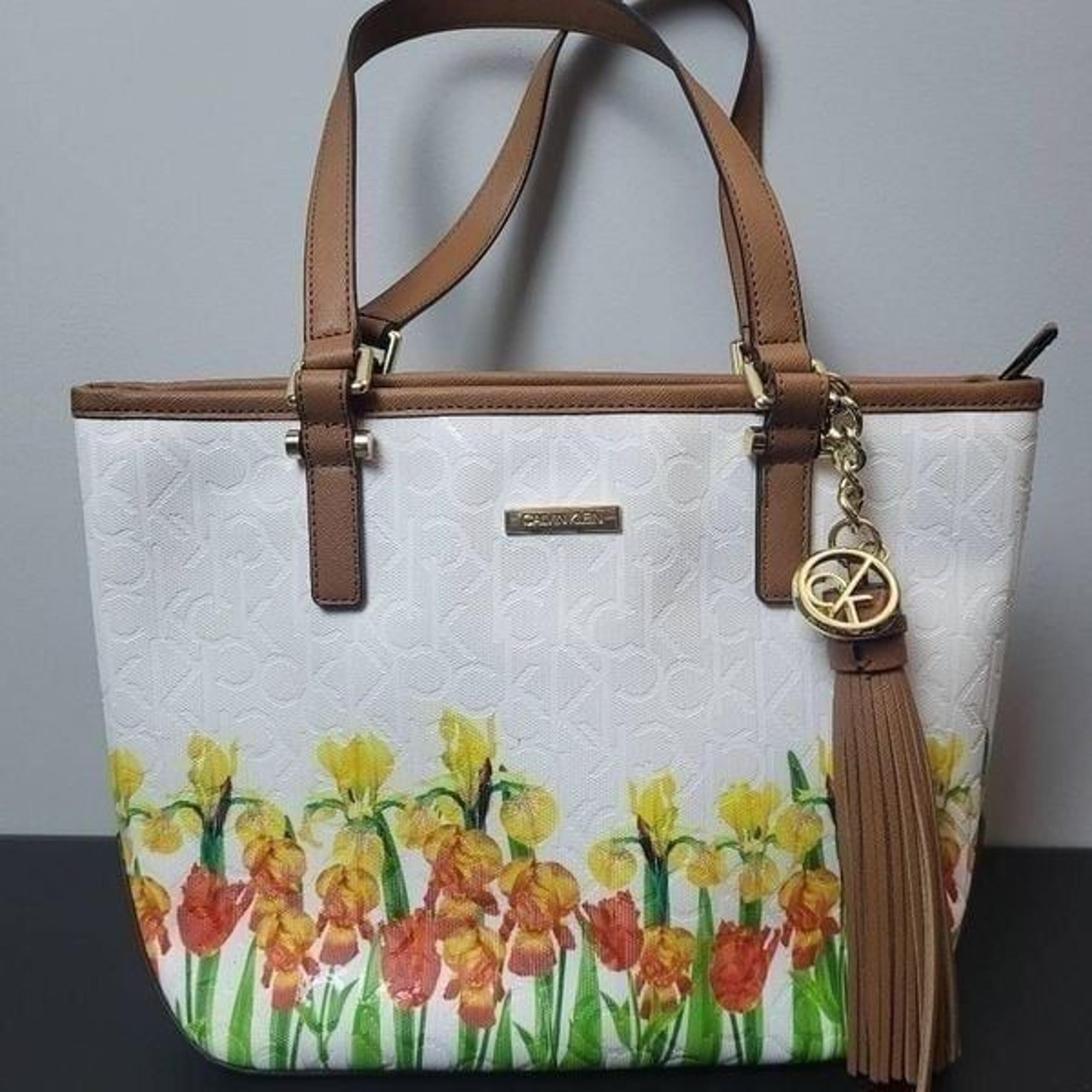 Calvin Klein Womens Tote Floral Embossed Purse Handbag Monogram Tassle White