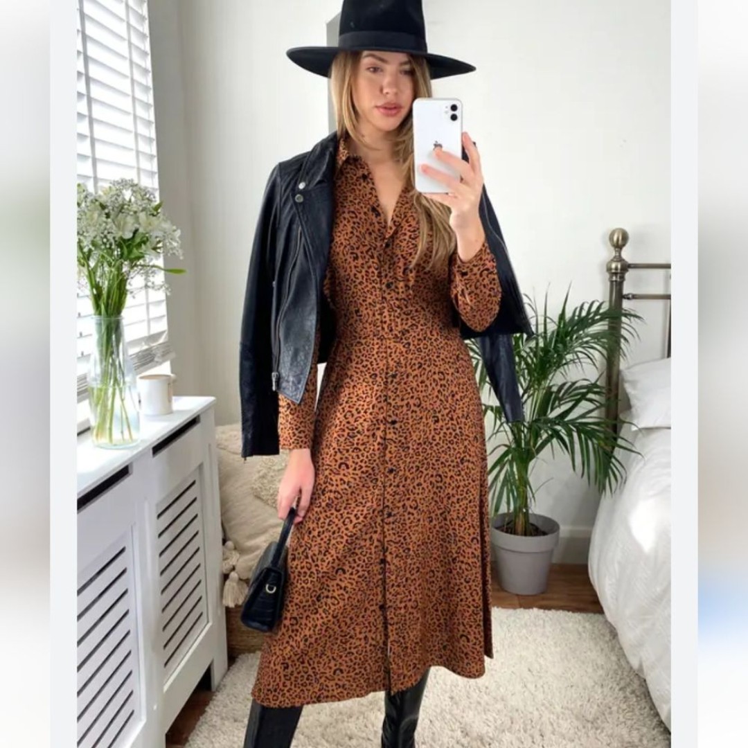 Billy T BT Orange Leopard Cheetah Animal Print Long Sleeve Button Shirt Dress M