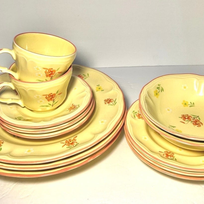 Yamaka Auberge Yellow Floral Dish Set - 13 pcs - Bowls/Plates/Tea Cups/Saucers