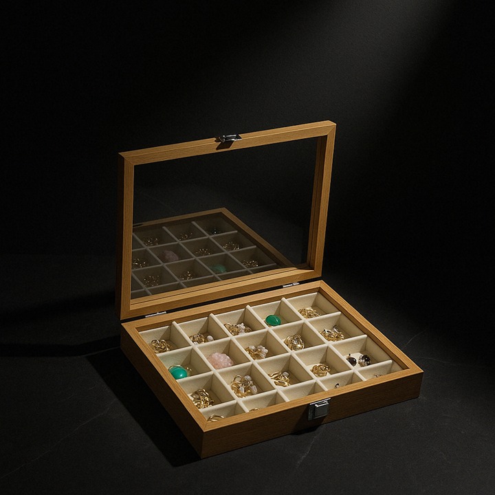 Wooden Jewelry Box with Glass Lid – 24 Slot Velvet Organizer Gift for Women