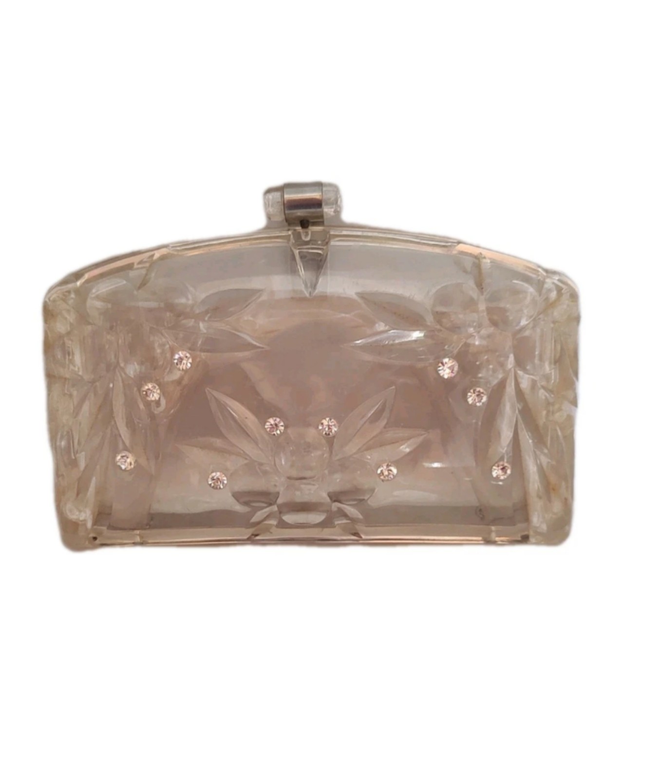 VTG CLEAR LUCITE PURSE CLUTCH CARVED BERRIES CUT DESIGN W RHINESTONES 50's