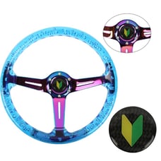 New JDM Universal 6-Hole 350mm Deep Dish Blue Crystal Bubble Steering Wheel