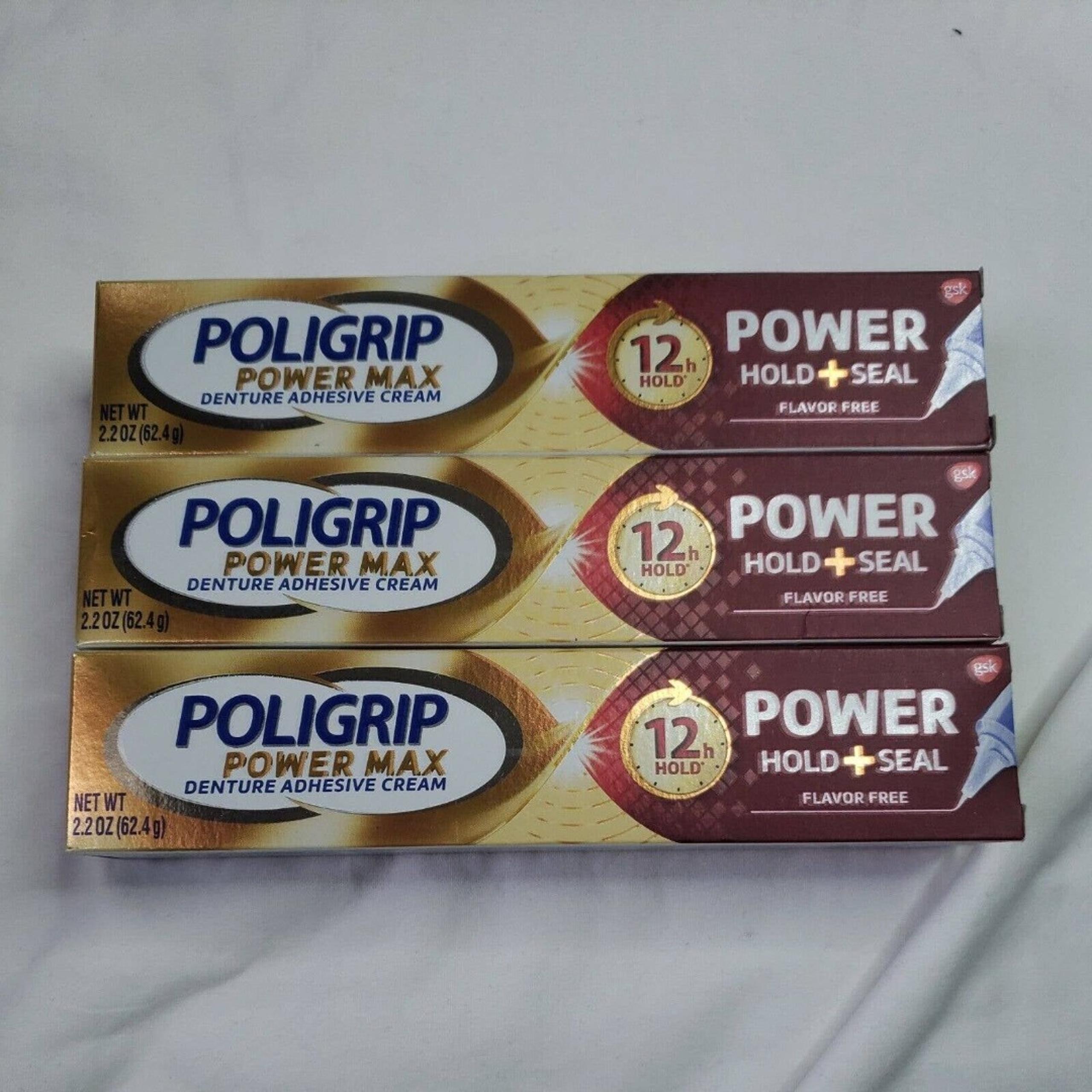 (3) Poligrip Power Max Denture Adhesive Cream Extra Care 2.2 oz Each Exp 6/25