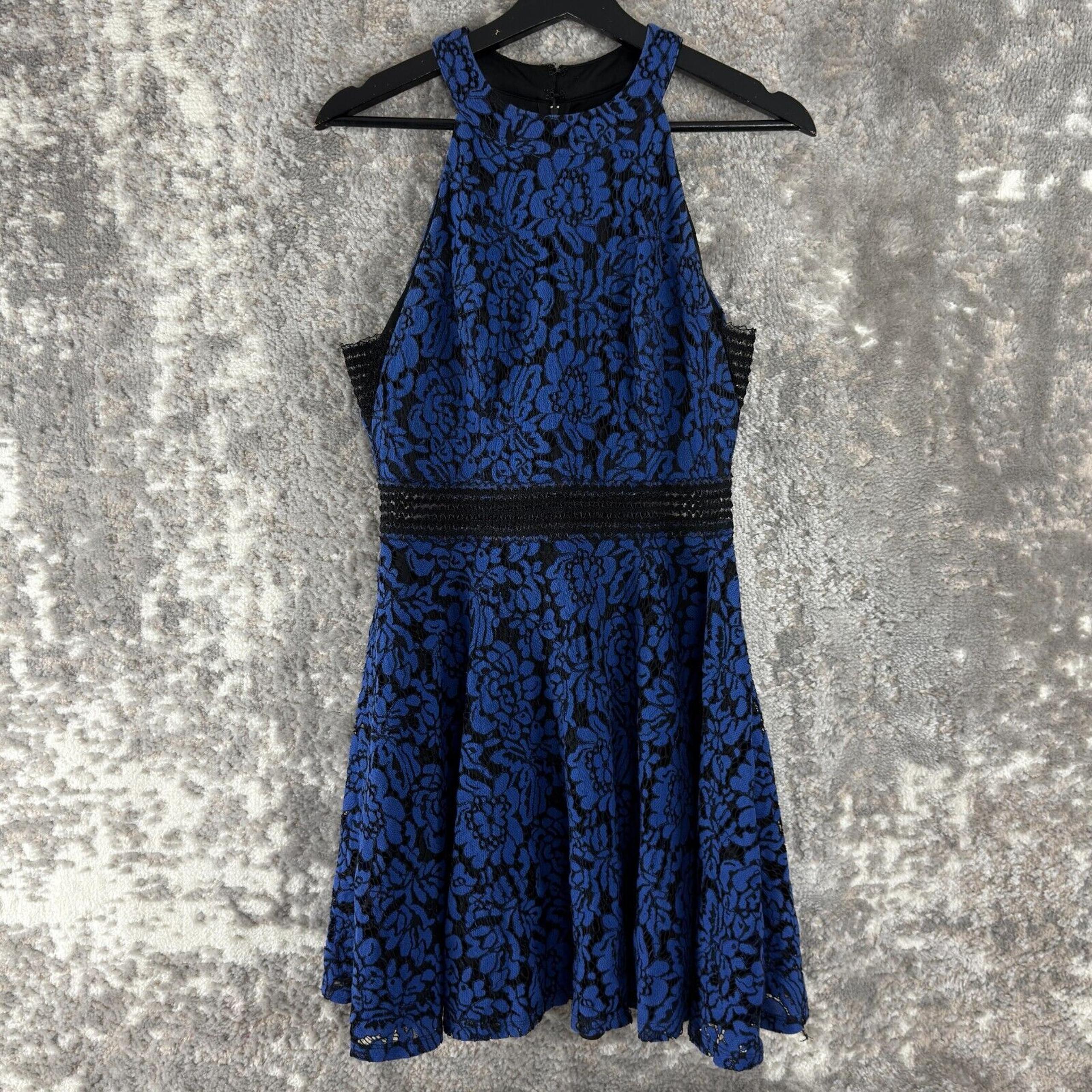 Junior Sz 10/11 Floral Lace Sleeveless Flare Mini Dress Blue Zip - City Triangles