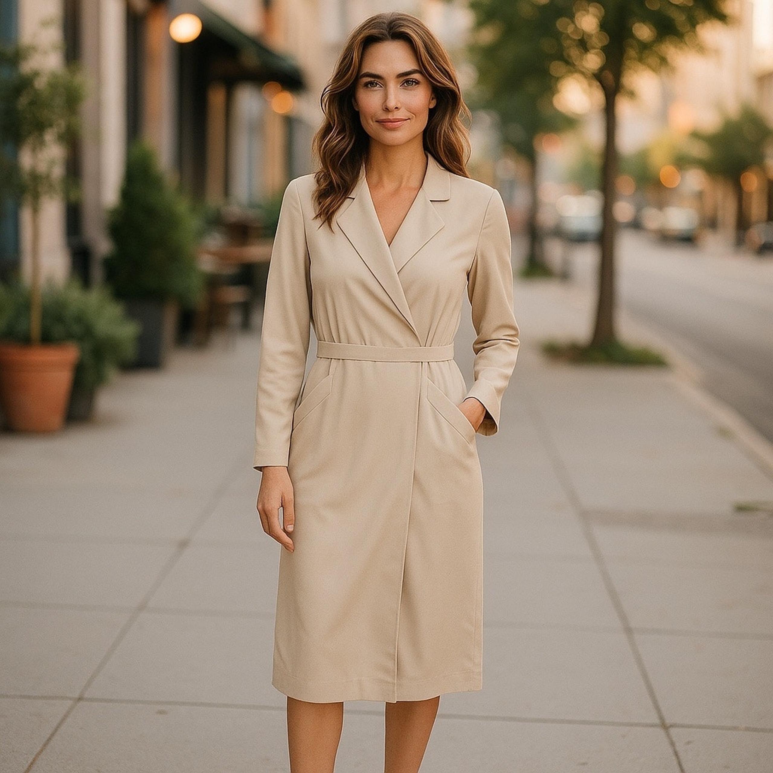 Vintage 80s Mary Ann Restivo Minimalist Wool Wrap Dress Khaki Tan Office Size 12