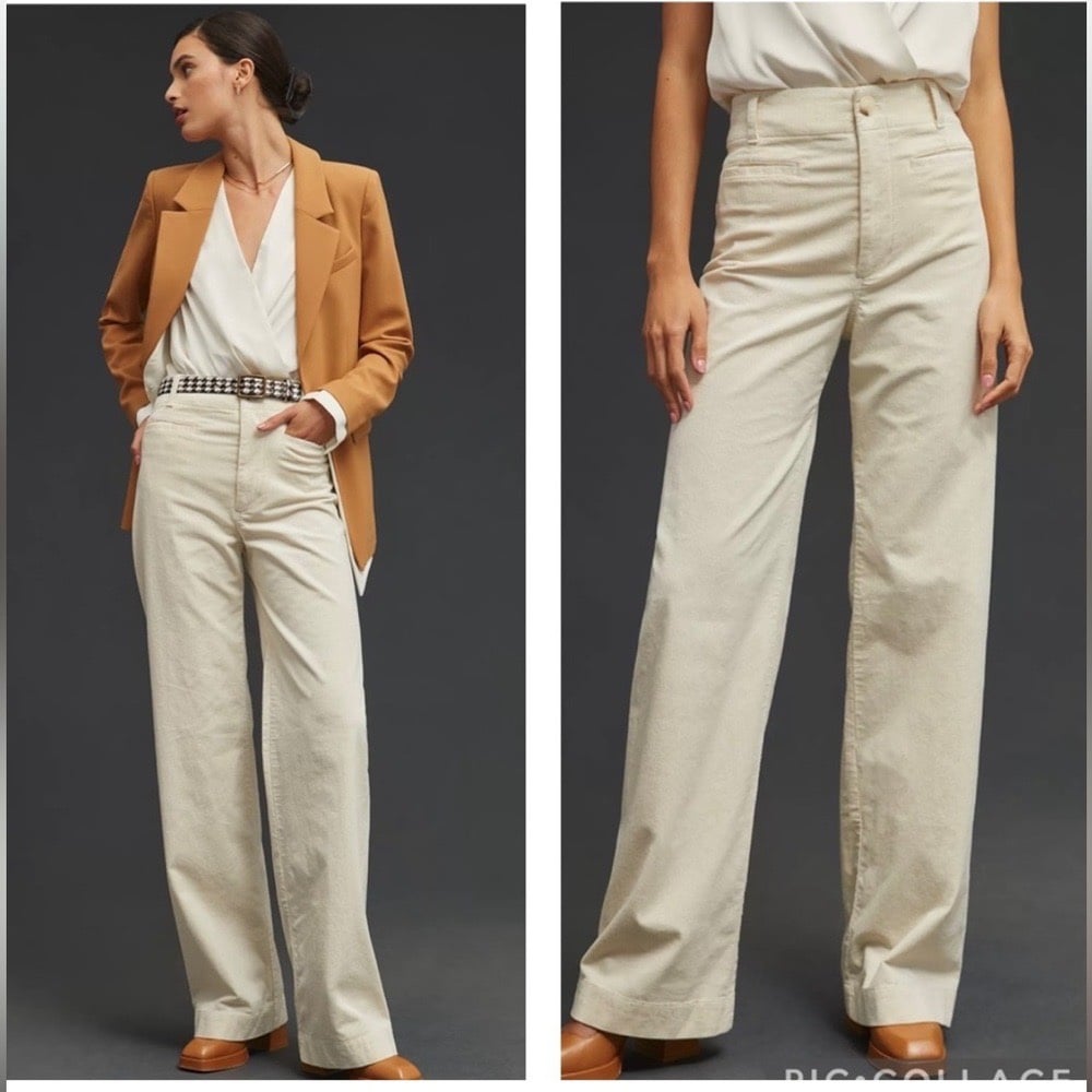 Anthropologie Maeve The Colette Wide-Leg Corduroy Pants Ivory Size 16W
