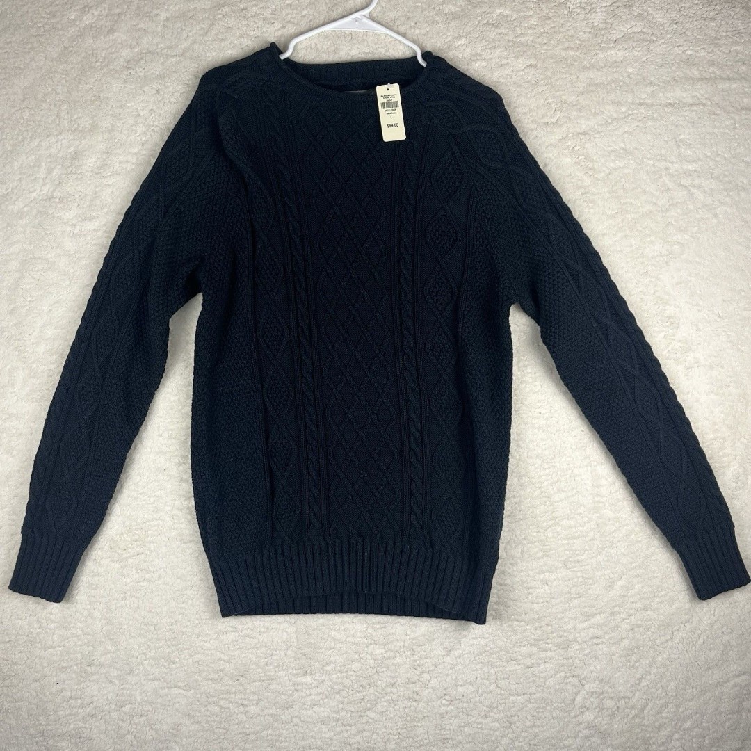 NWT Mens LL Bean Signature Cotton Fisherman Cable Knit Sweater Black Slate Large