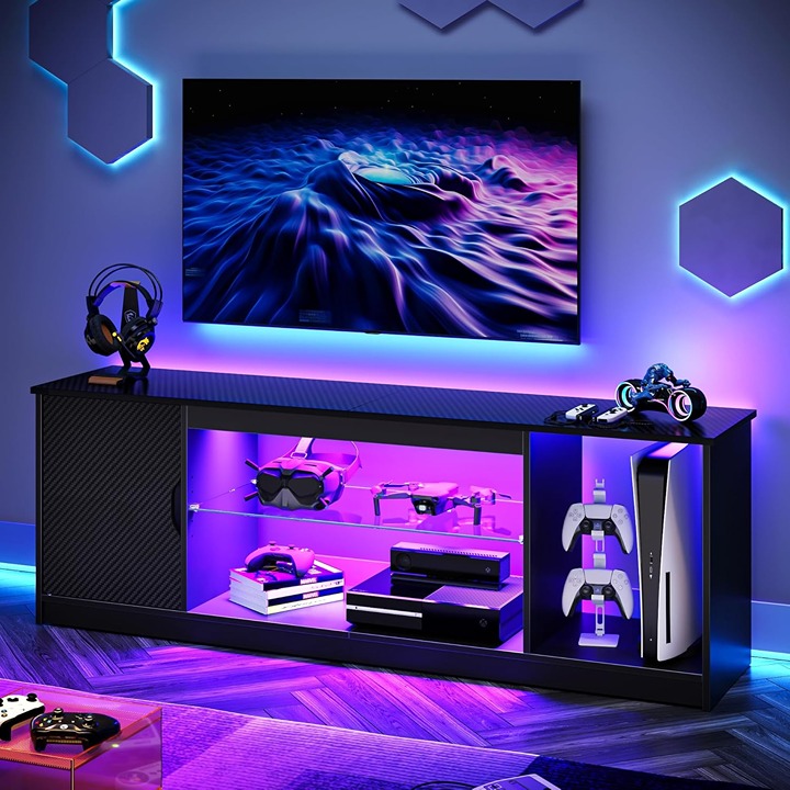 LED TV Stand for 55/60/65 Inch TV, Gaming Entertainment Center with Cabinet