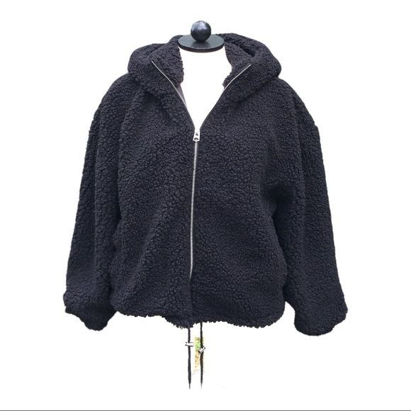 129 New Lucky Brand Faux Fur Black Zip Up Hooded Jacket Coat XL