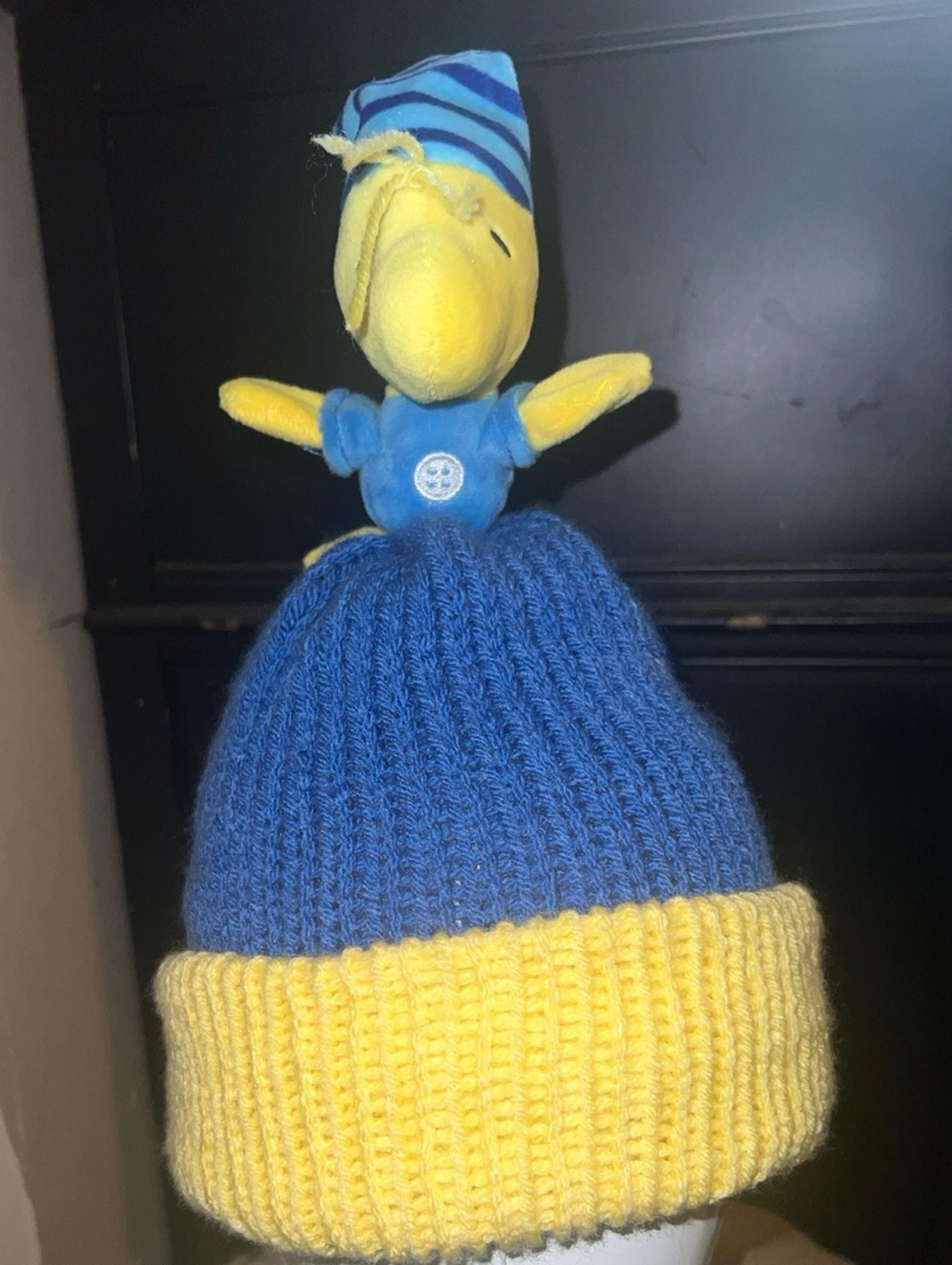 HANDMADE WOODSTOCK BLUE & YELLOW SKI CAP WITH PLUSH ON TOP