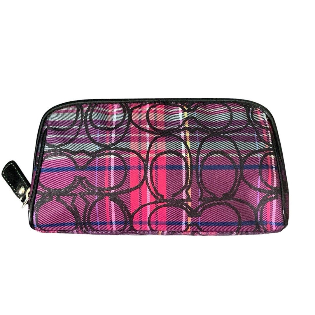 Coach Poppy Signature Print Tartan Plaid Glitter Zip Clutch Pink Black Pouch Bag